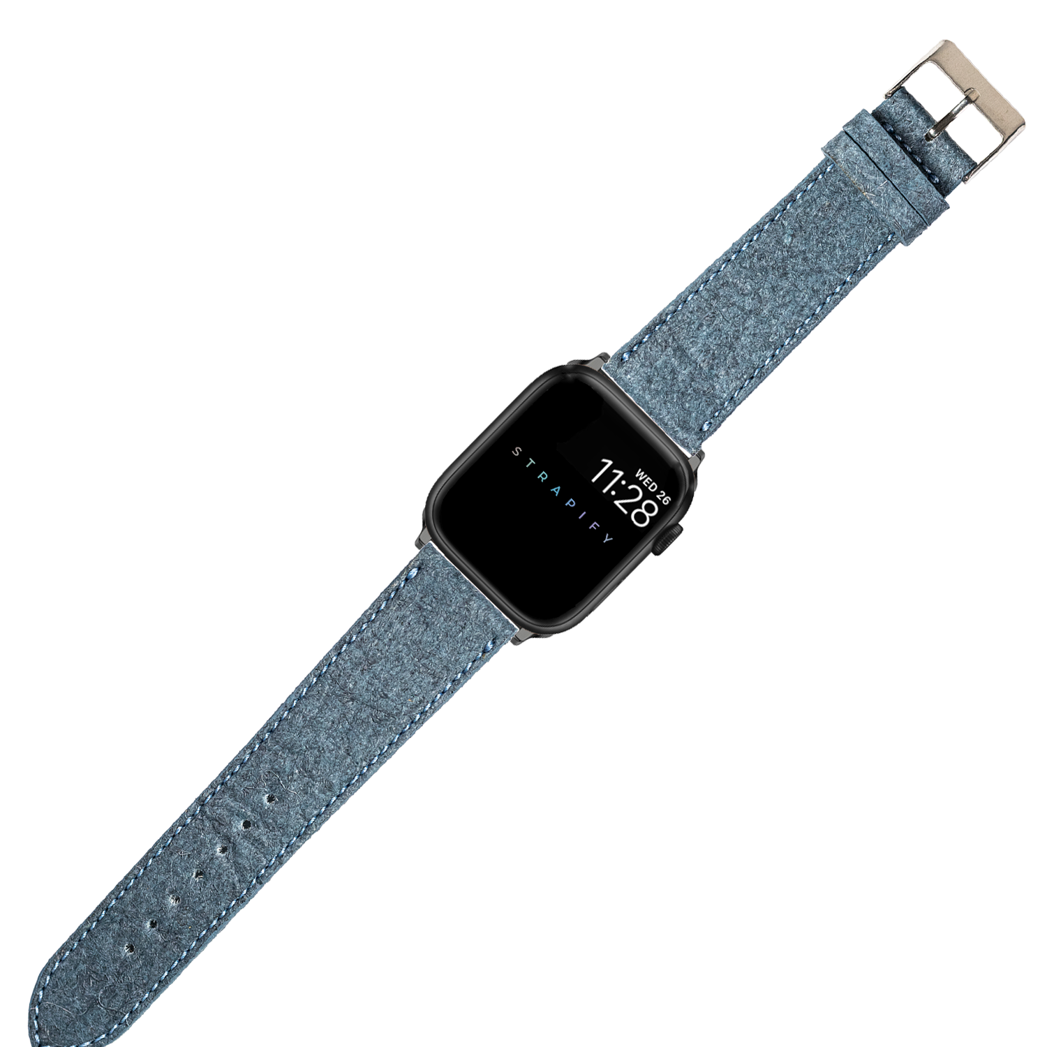 Smartwatch with black square case and denim blue pineapple vegan leather band with silver buckle
