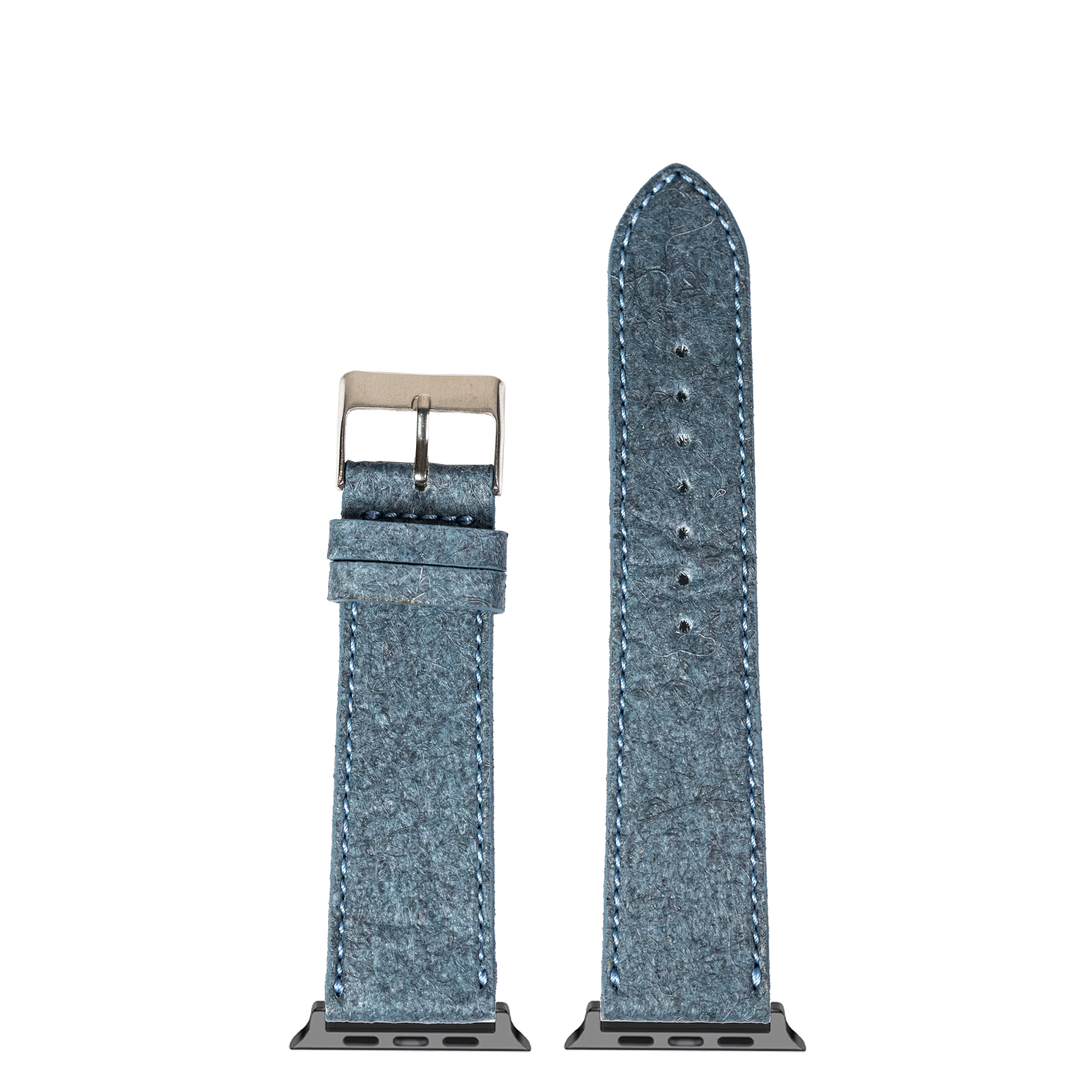 Denim blue vegan leather smartwatch band with white stitching and silver buckle, shown assembled and unattached on white background