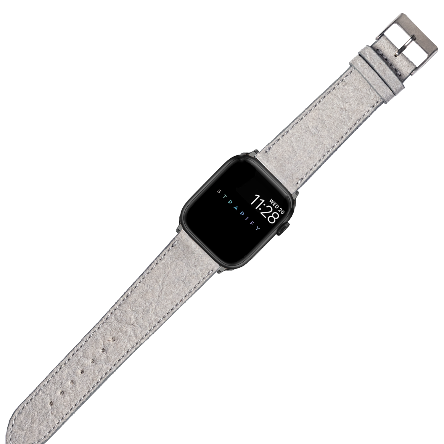 Grey vegan leather Apple Watch band with white stitching and stainless steel buckle