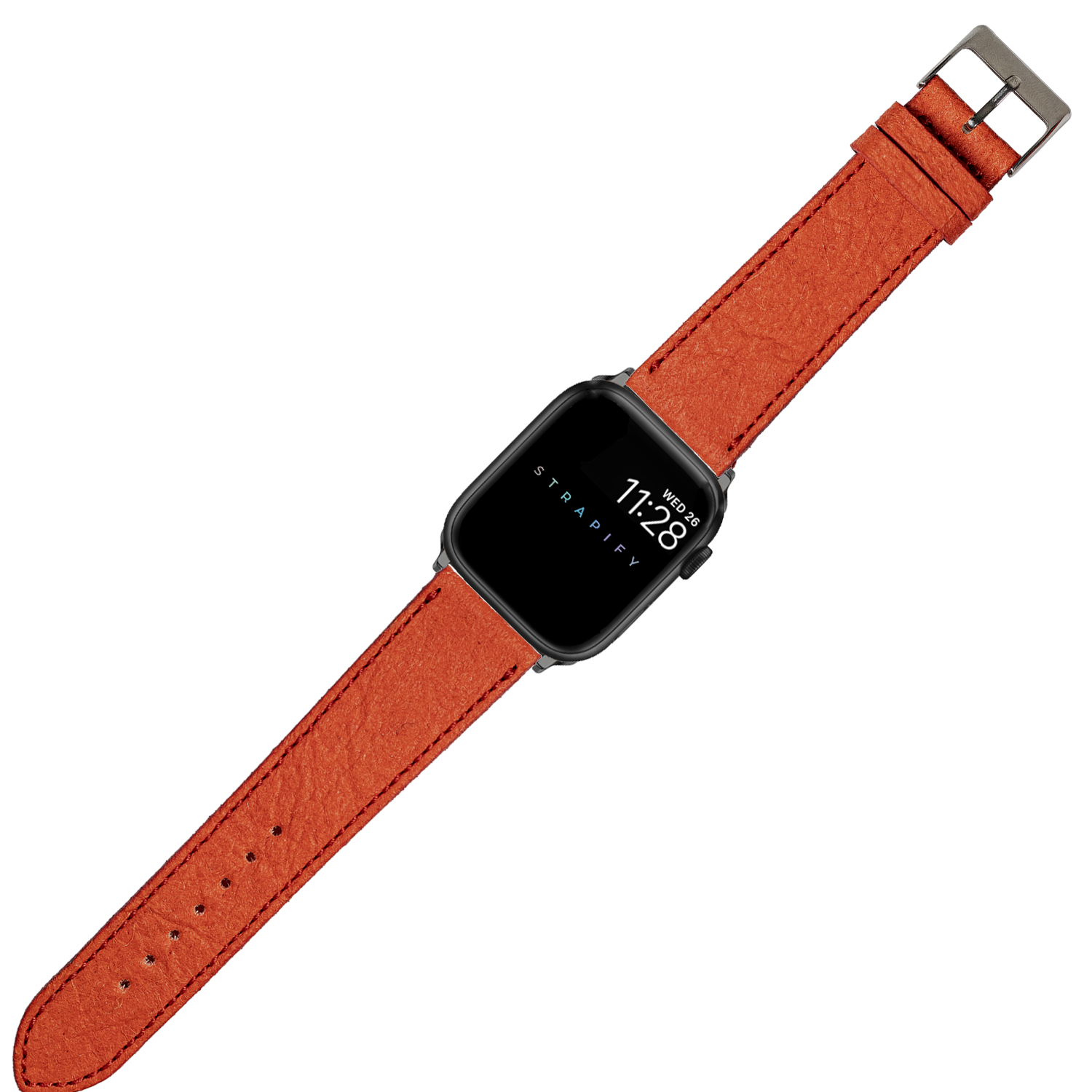 Smartwatch with black square case and bright red vegan leather band with silver buckle, displaying time on screen