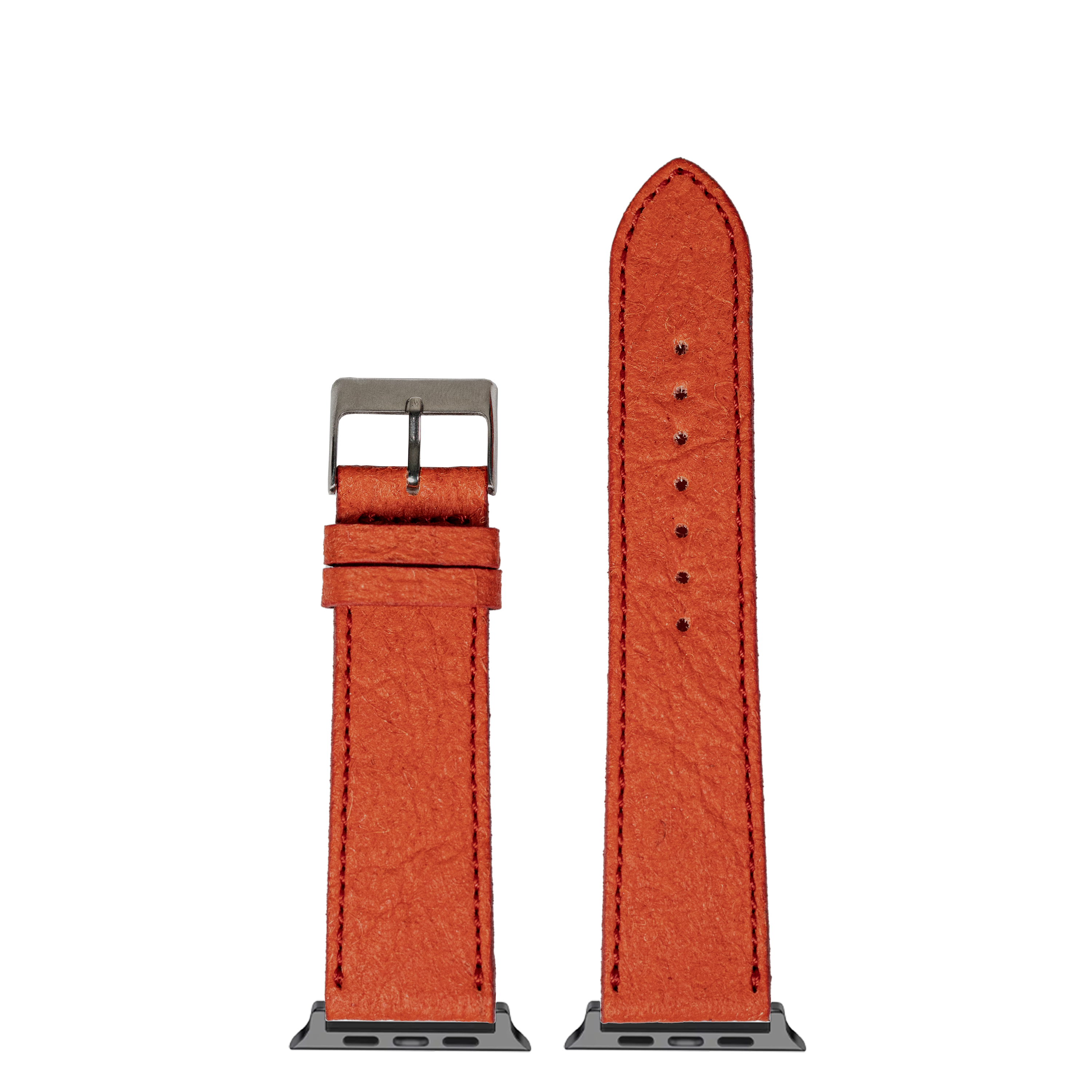 Red vegan leather watch band with stainless steel buckle and connector, shown assembled and unassembled with contrast stitching