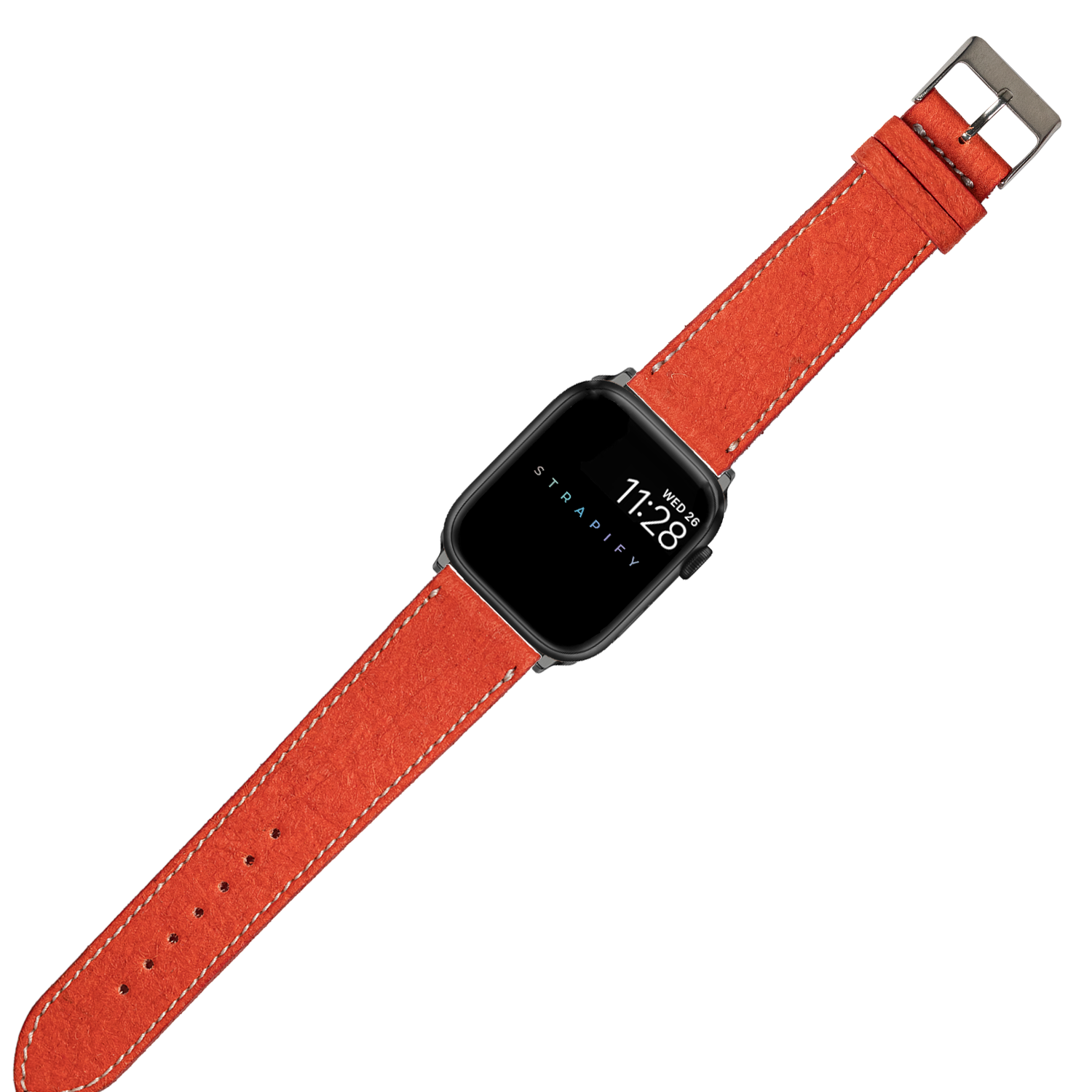 Black smartwatch with red pineapple vegan leather band and white stitching, metal buckle, digital display showing time