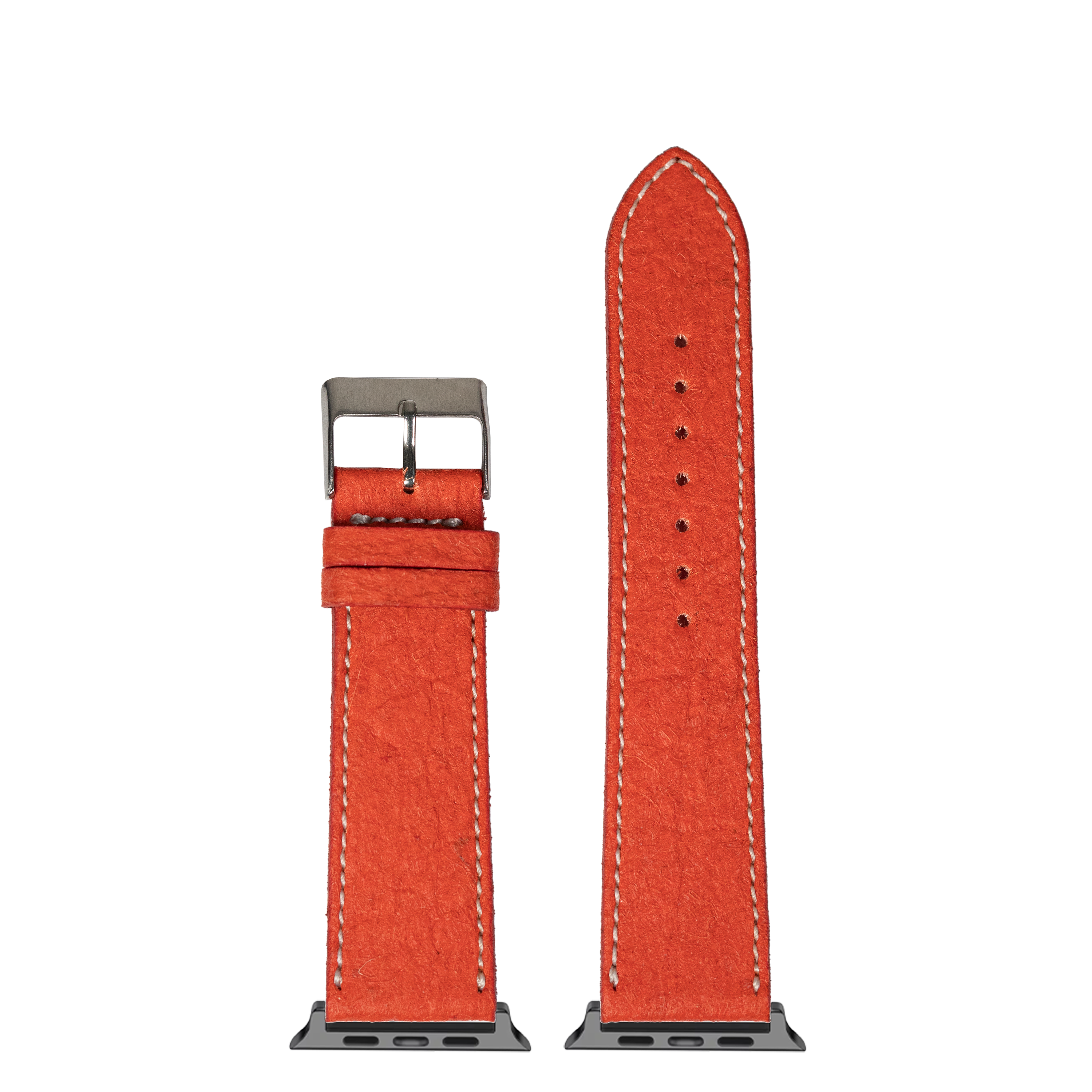 Red pineapple vegan leather Apple Watch band with white stitching and gunmetal buckle, shown assembled and flat