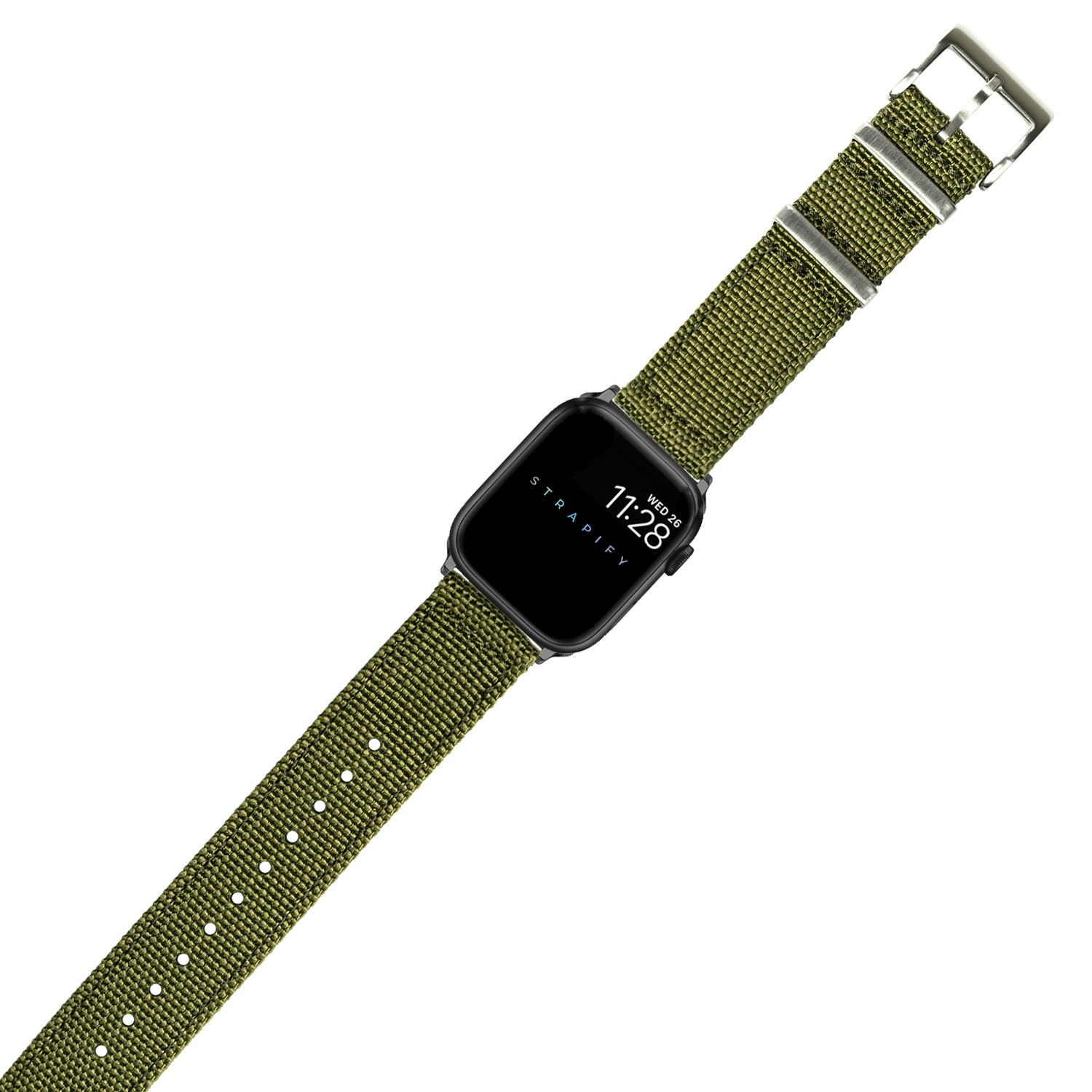Black smartwatch with army green woven fabric band and metal buckle, displaying time on digital display