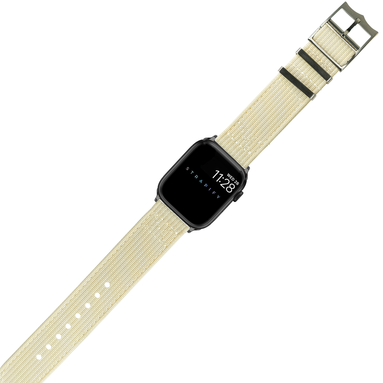 Smartwatch with black square face displaying time, paired with beige fabric military-style strap and metal buckle