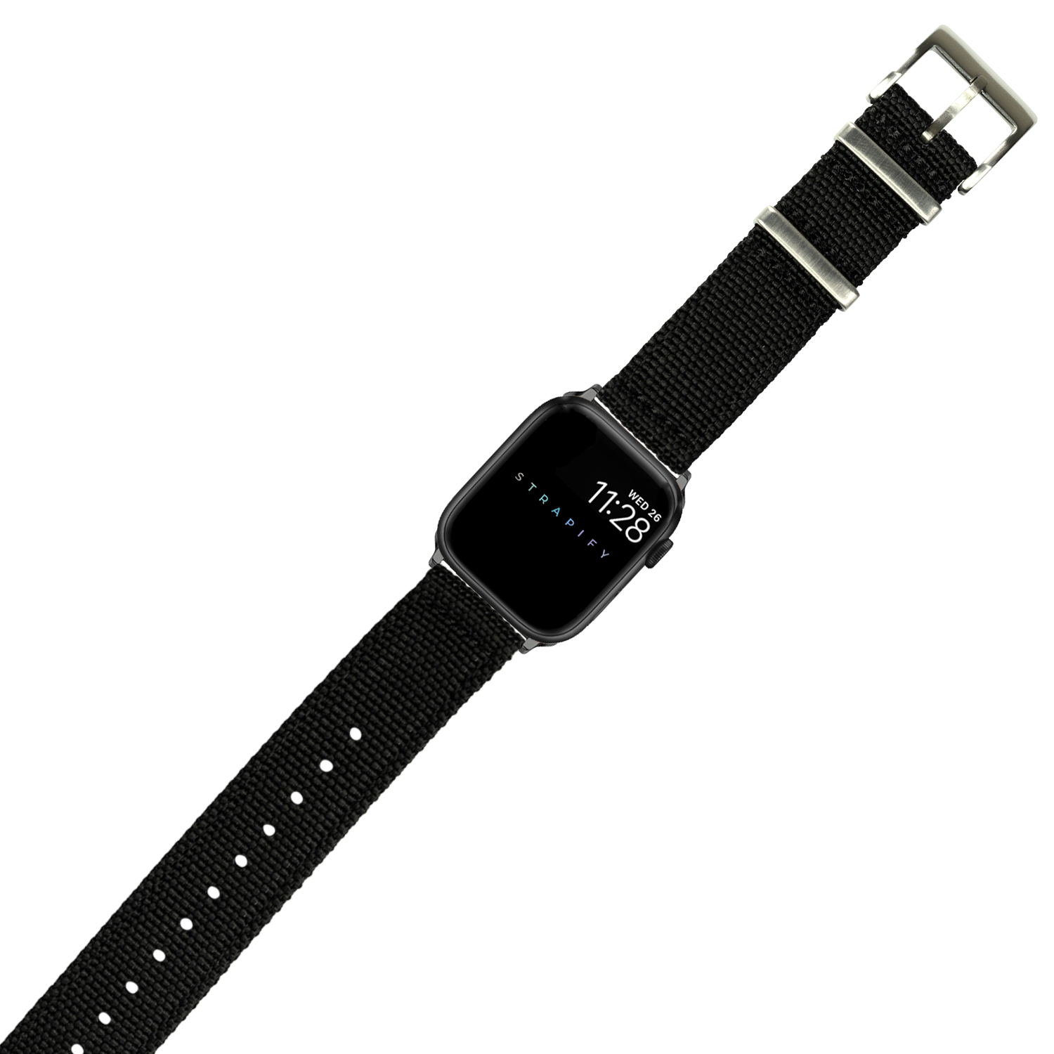 Black nylon fabric smartwatch band with silver buckle and adjustment holes for Apple Watch compatible devices