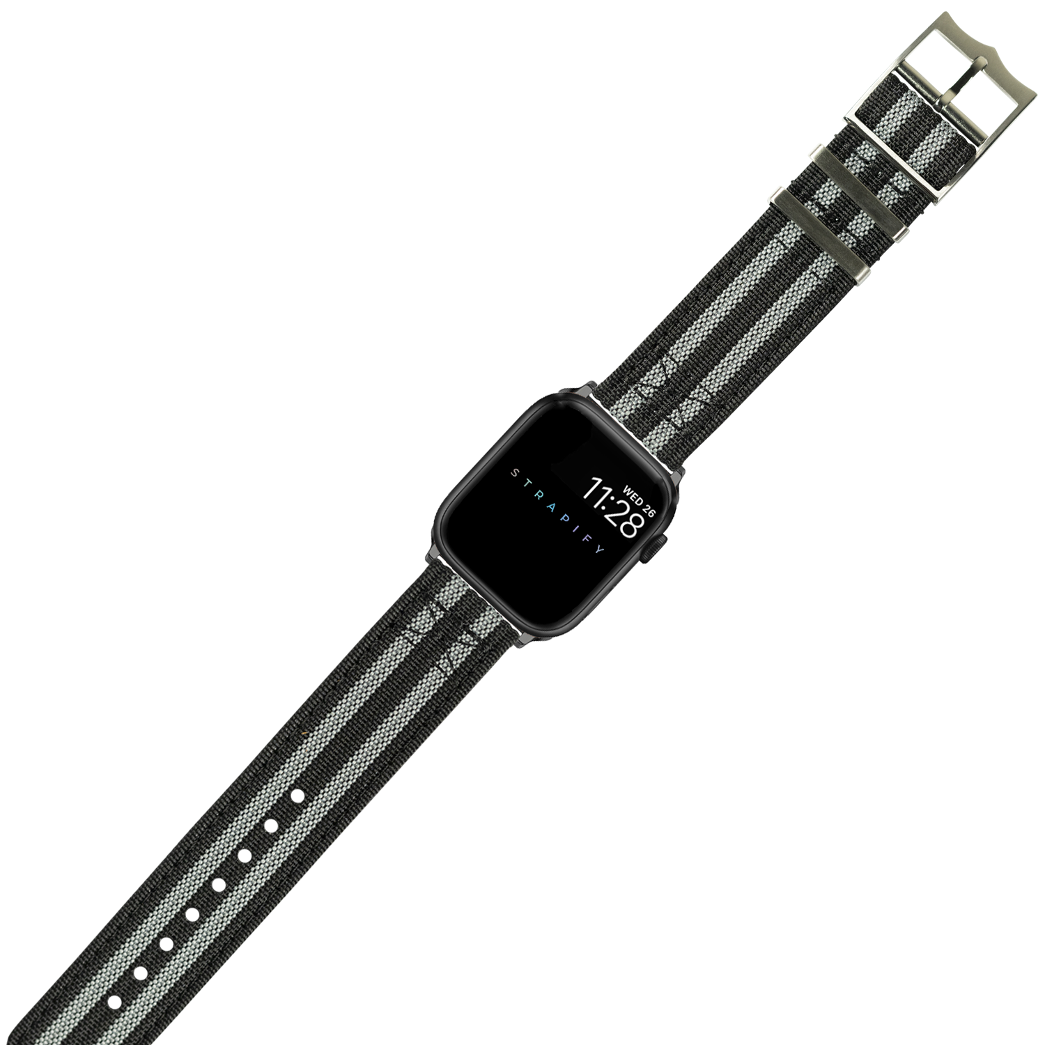 Black Strapify smartwatch with woven nylon band and metal buckle, displaying time on square OLED screen