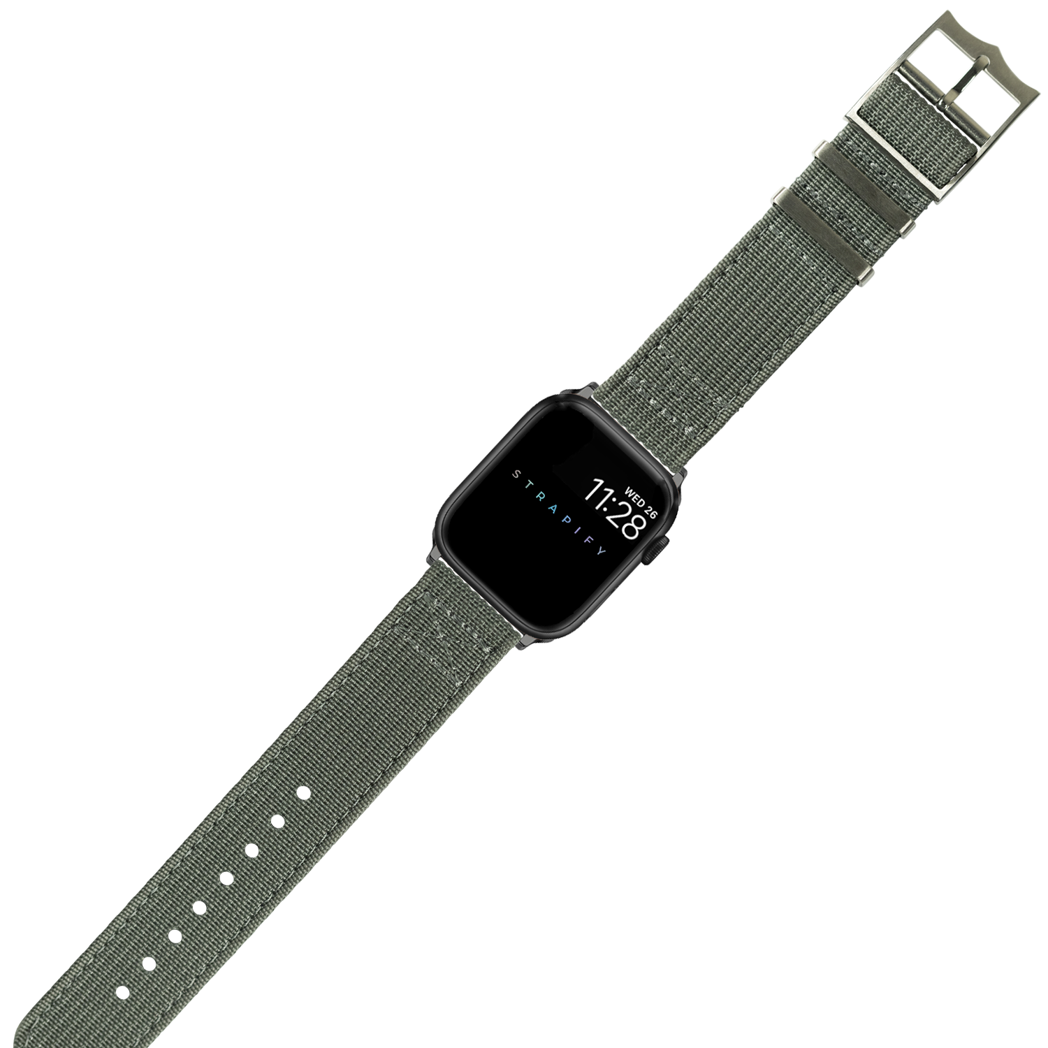 Black square smartwatch with dark grey fabric military-style band and metal buckle displaying time 11:28
