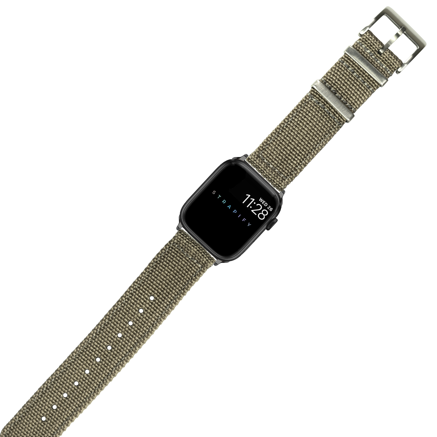 Black smartwatch with desert sand fabric strap and metal buckle, displaying time and date on screen