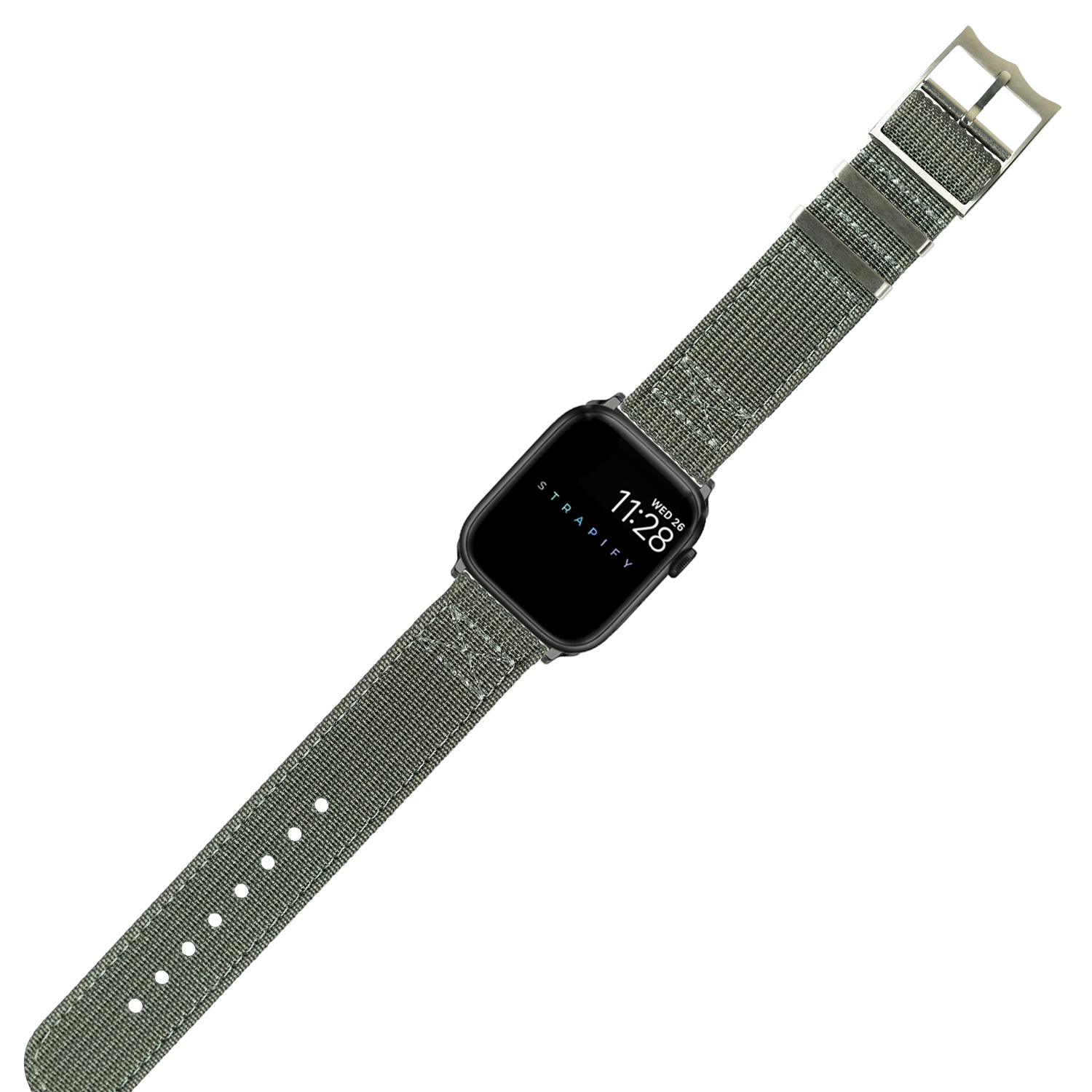 Grey woven fabric watch band with metal buckle for Apple Watch, adjustable length with multiple hole options
