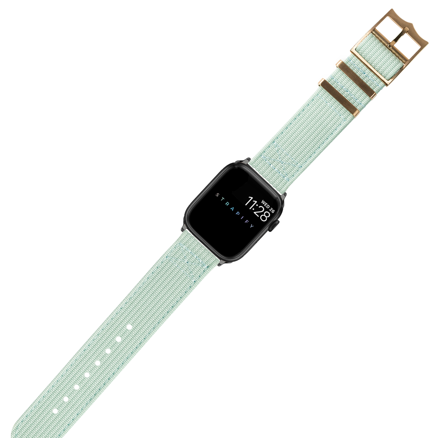 Black smartwatch with light blue fabric band and rose gold buckle displaying time on screen