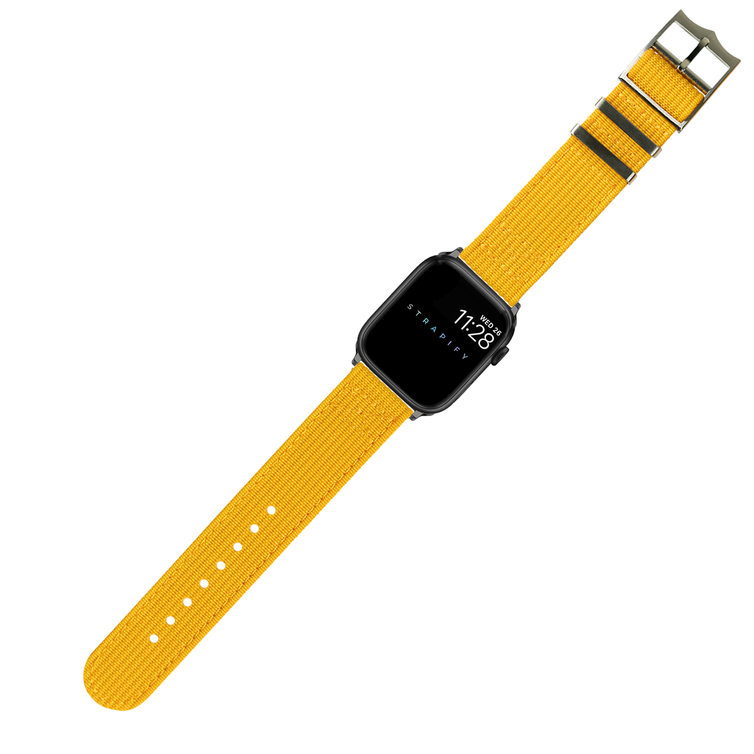 Black smartwatch with mustard yellow fabric strap and adjustable buckle closure, military-style watch band