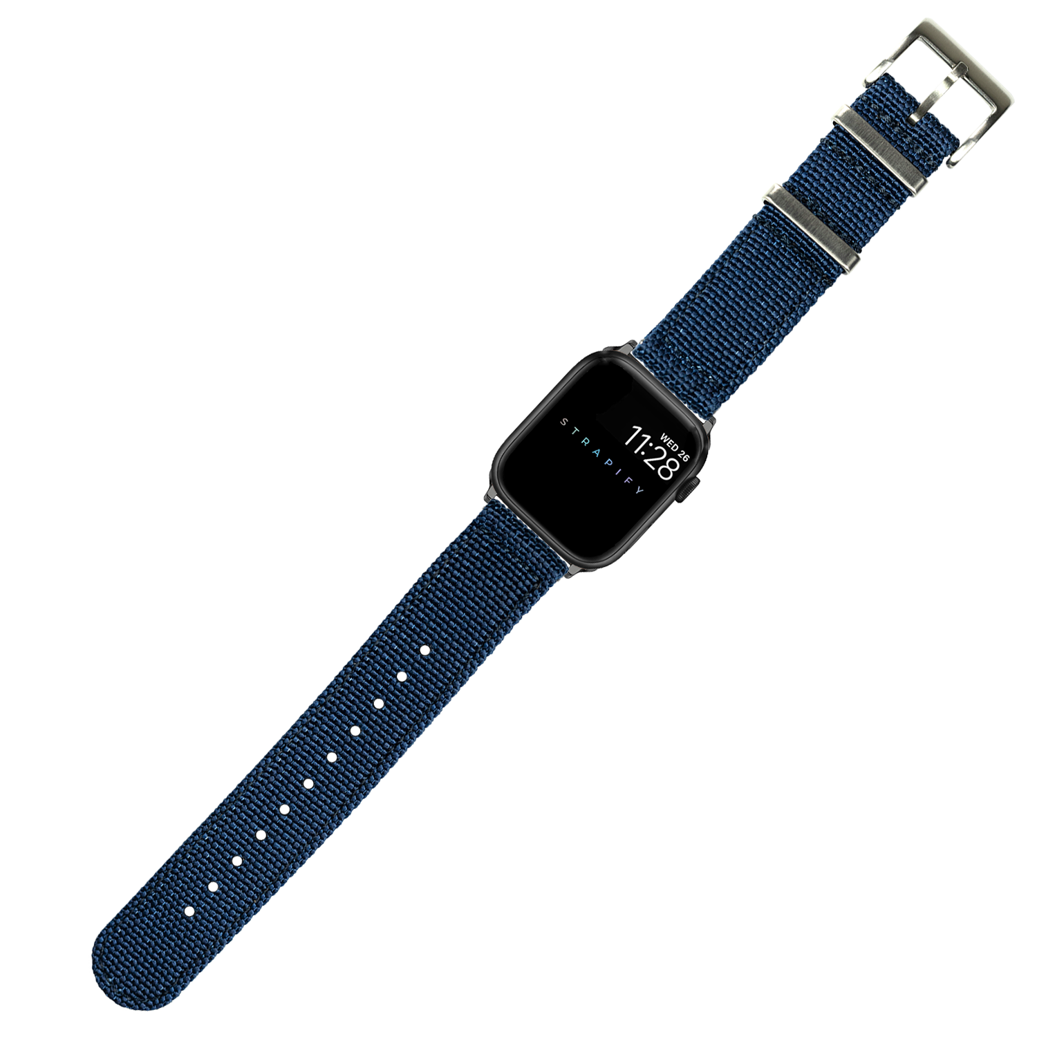 Navy blue nylon smartwatch band with metal buckle and adjustment holes for Apple Watch