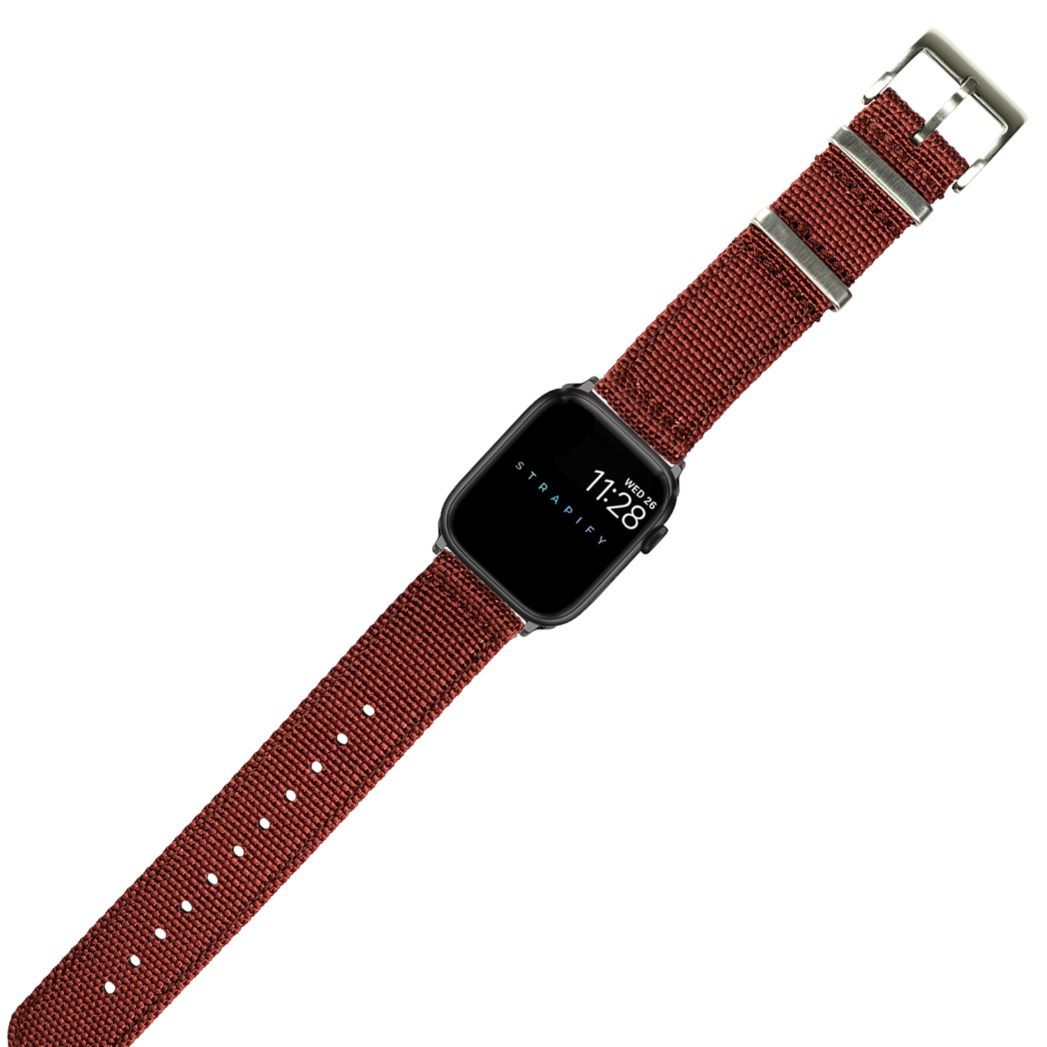Black smartwatch with red woven nylon military-style band and stainless steel buckle