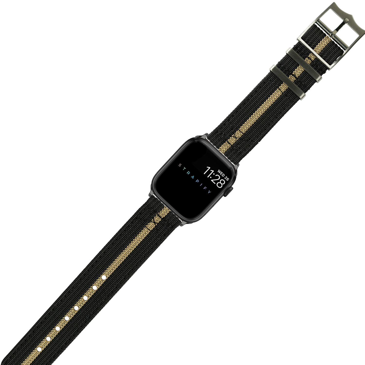 Black smartwatch with square face and black nylon band featuring tan stripe pattern, metal buckle, displaying time 11:28