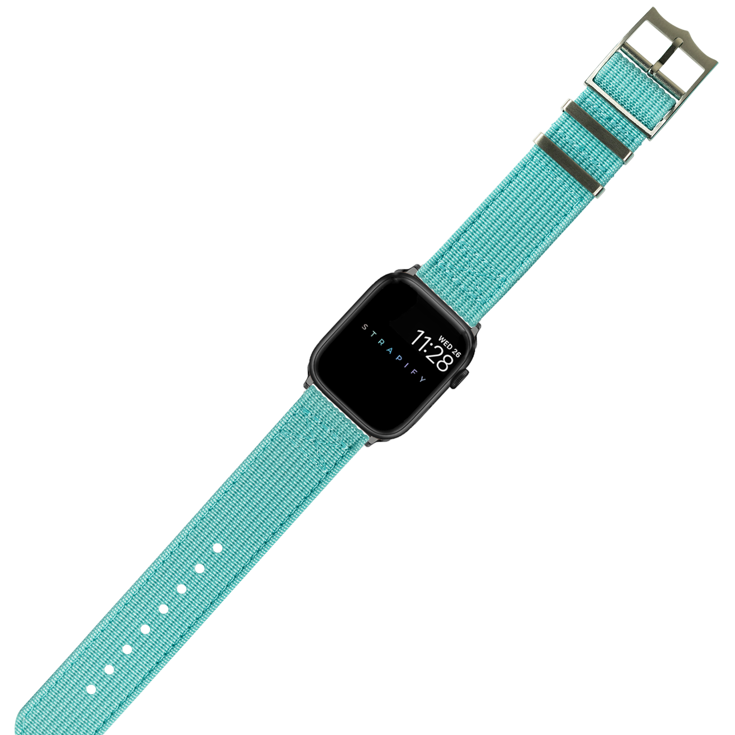 Turquoise nylon watch band with black square smartwatch face, metal buckle, and adjustable strap holes
