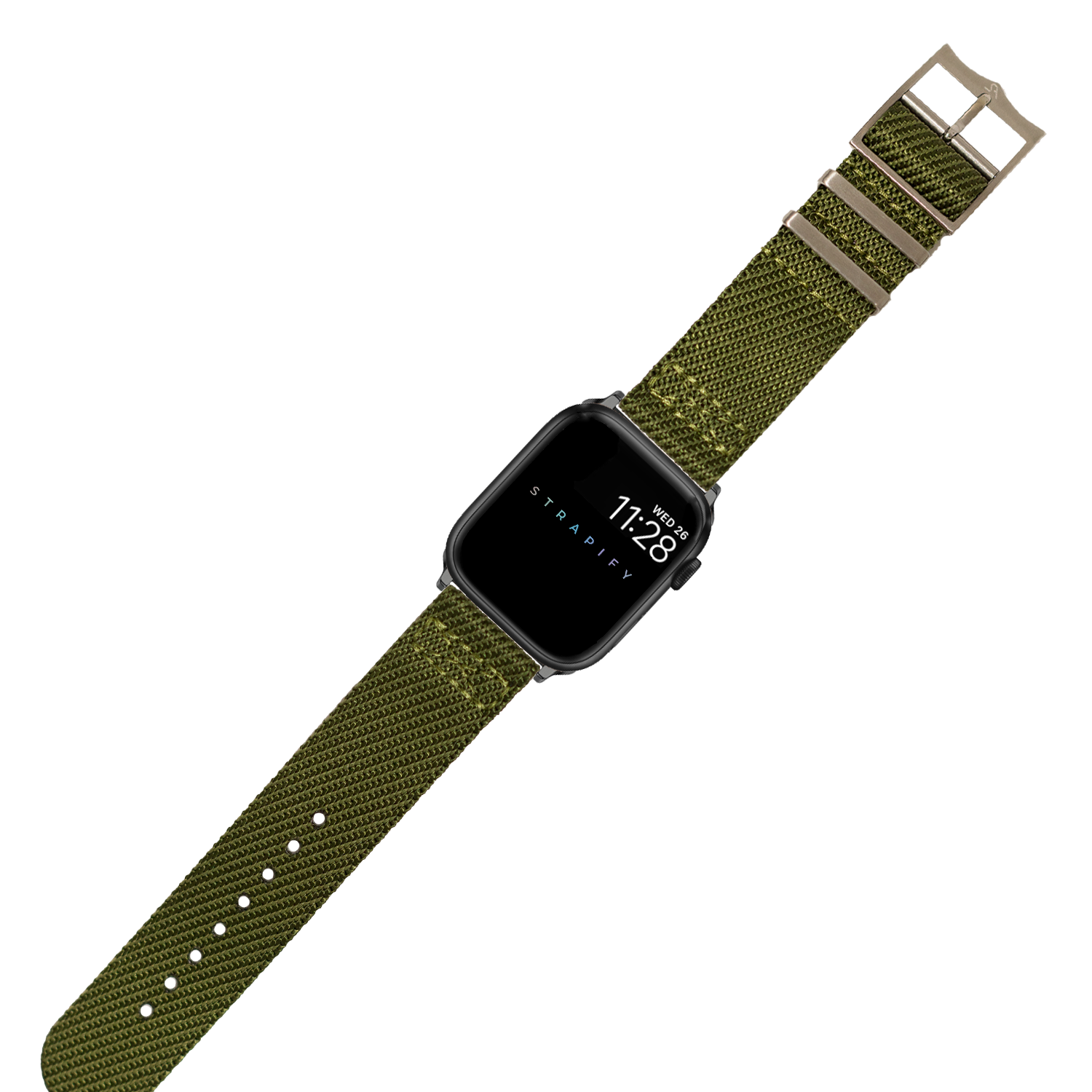 Black smartwatch with olive green fabric strap and stainless steel buckle, displaying time 11:28