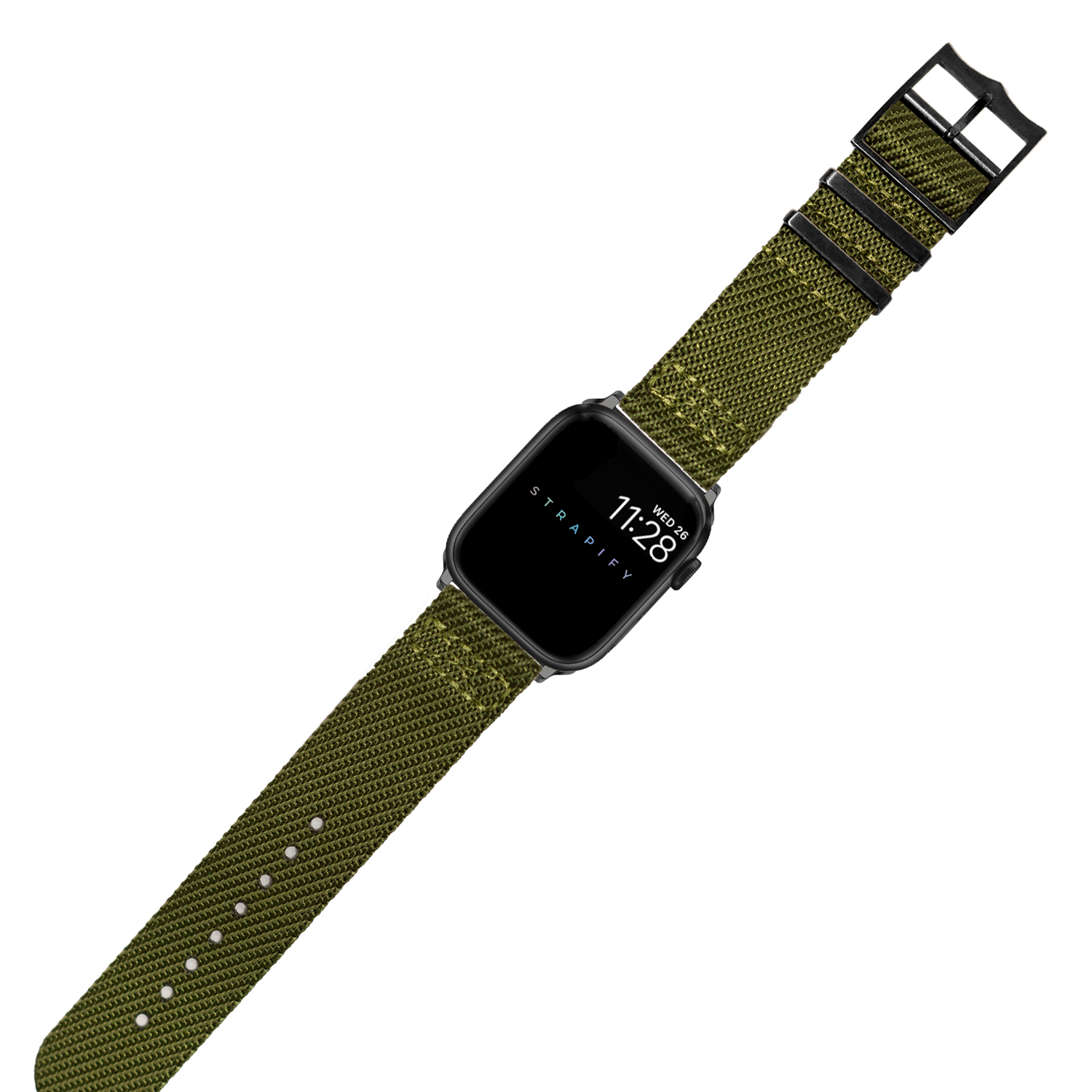 Black square smartwatch with olive green woven fabric band and black hardware, displaying time 11:28