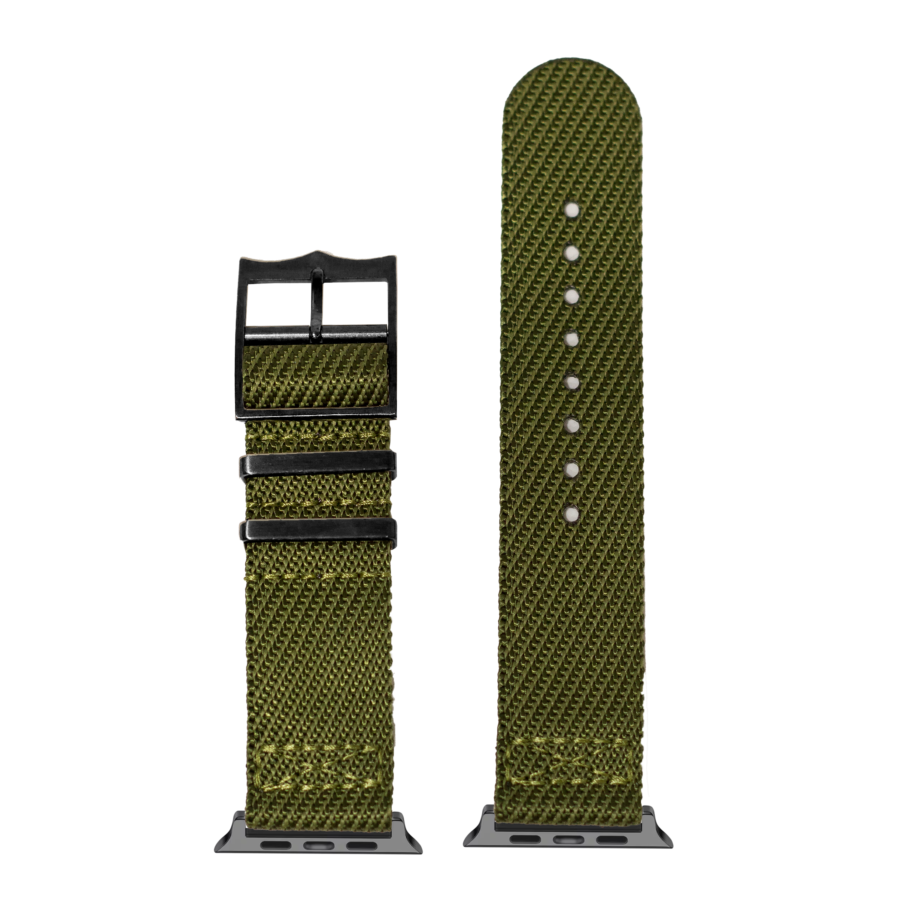 Army green canvas Apple Watch band with black hardware and adjustment holes, shown detached and attached to sport watch connector