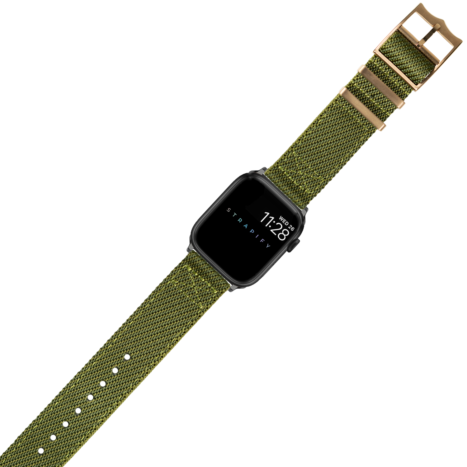 Black smartwatch with army green woven canvas strap and rose gold buckle hardware
