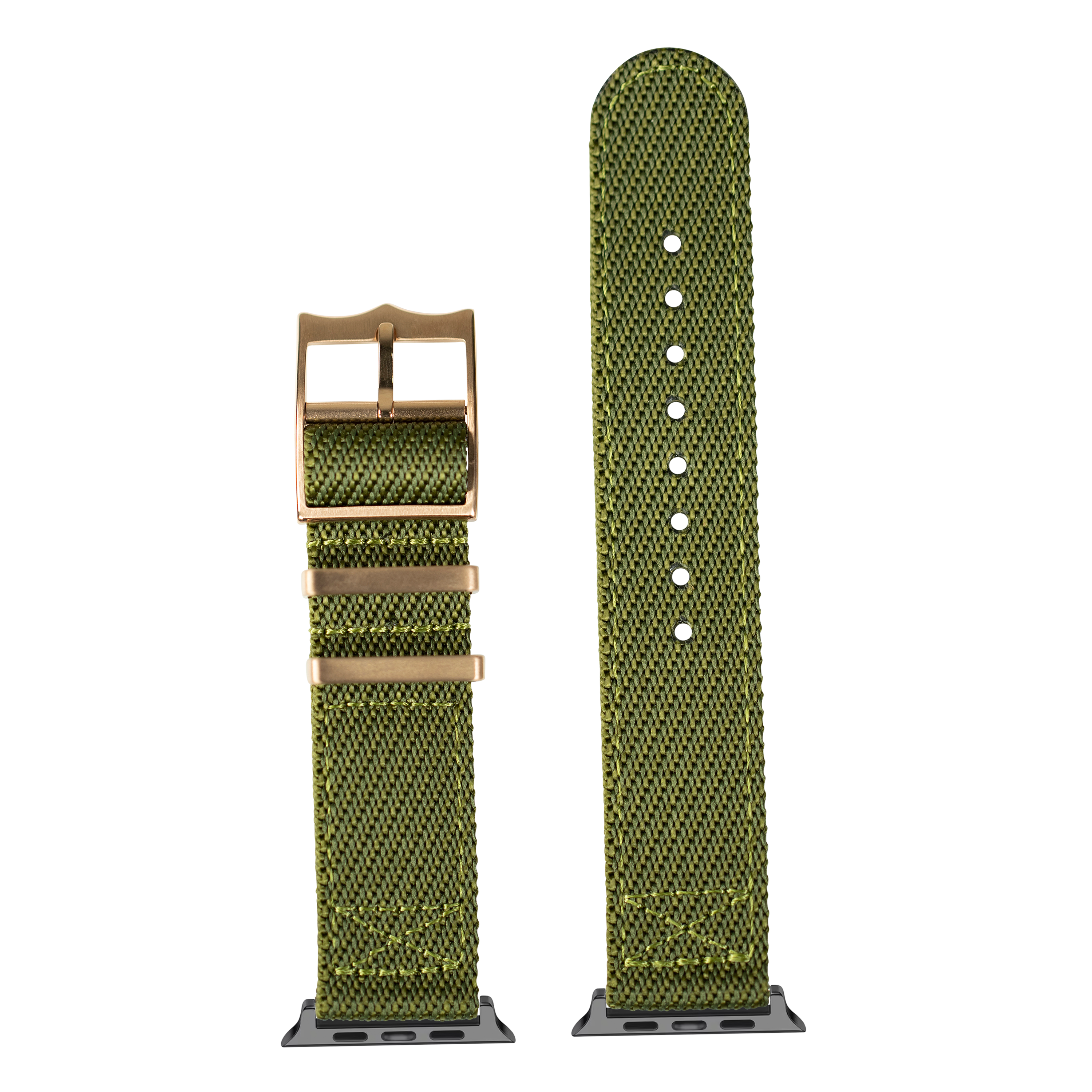 Olive green fabric smartwatch band with rose gold buckle hardware and adjustable straps displayed assembled and flat