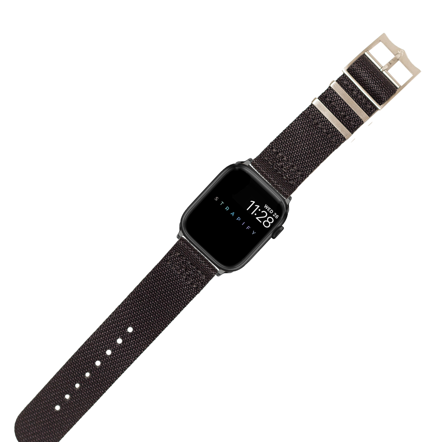 Black fabric smartwatch band with silver buckle for Apple Watch, displayed on device showing time