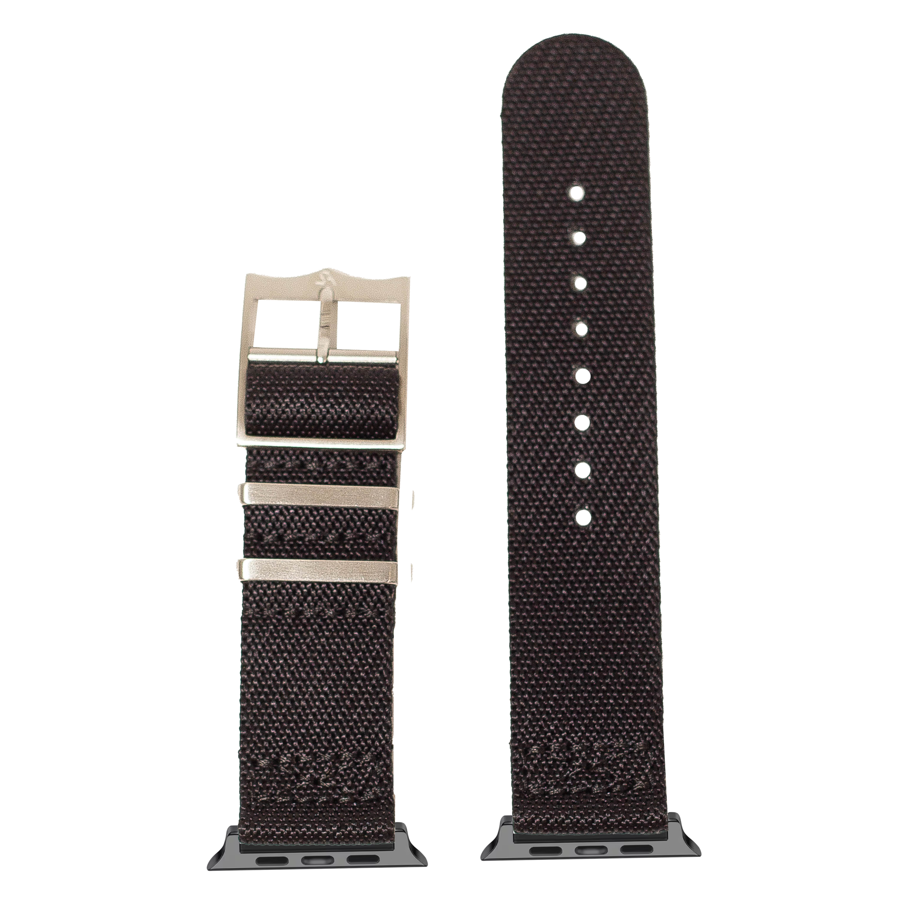 Black canvas military watch band with tan buckle and adapter connector, shown assembled and unattached