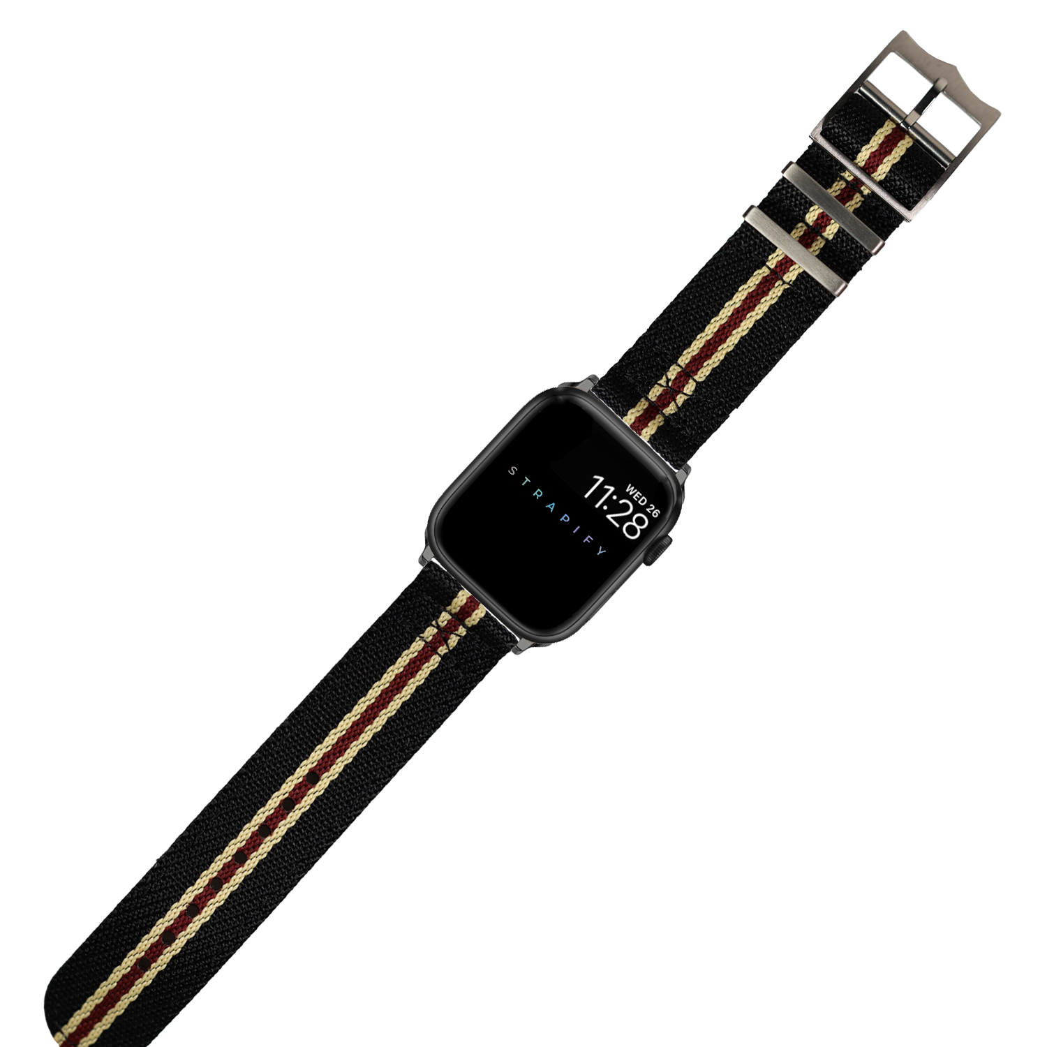 Black canvas smartwatch band with beige and maroon stripe design, stainless steel buckle, compatible with Apple Watch