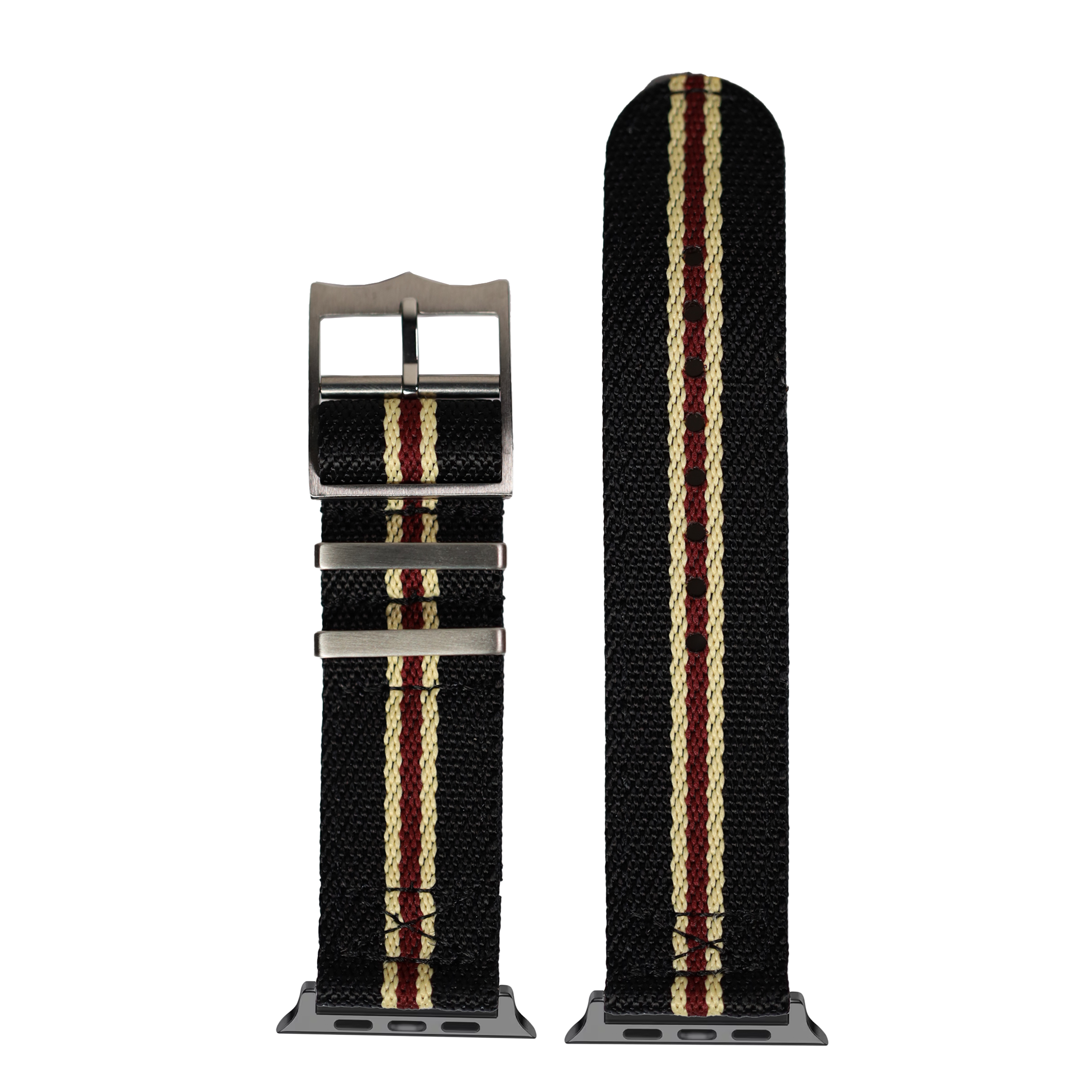 Black woven smartwatch band with beige and maroon center stripes, metal buckle and connector adapters for Apple Watch