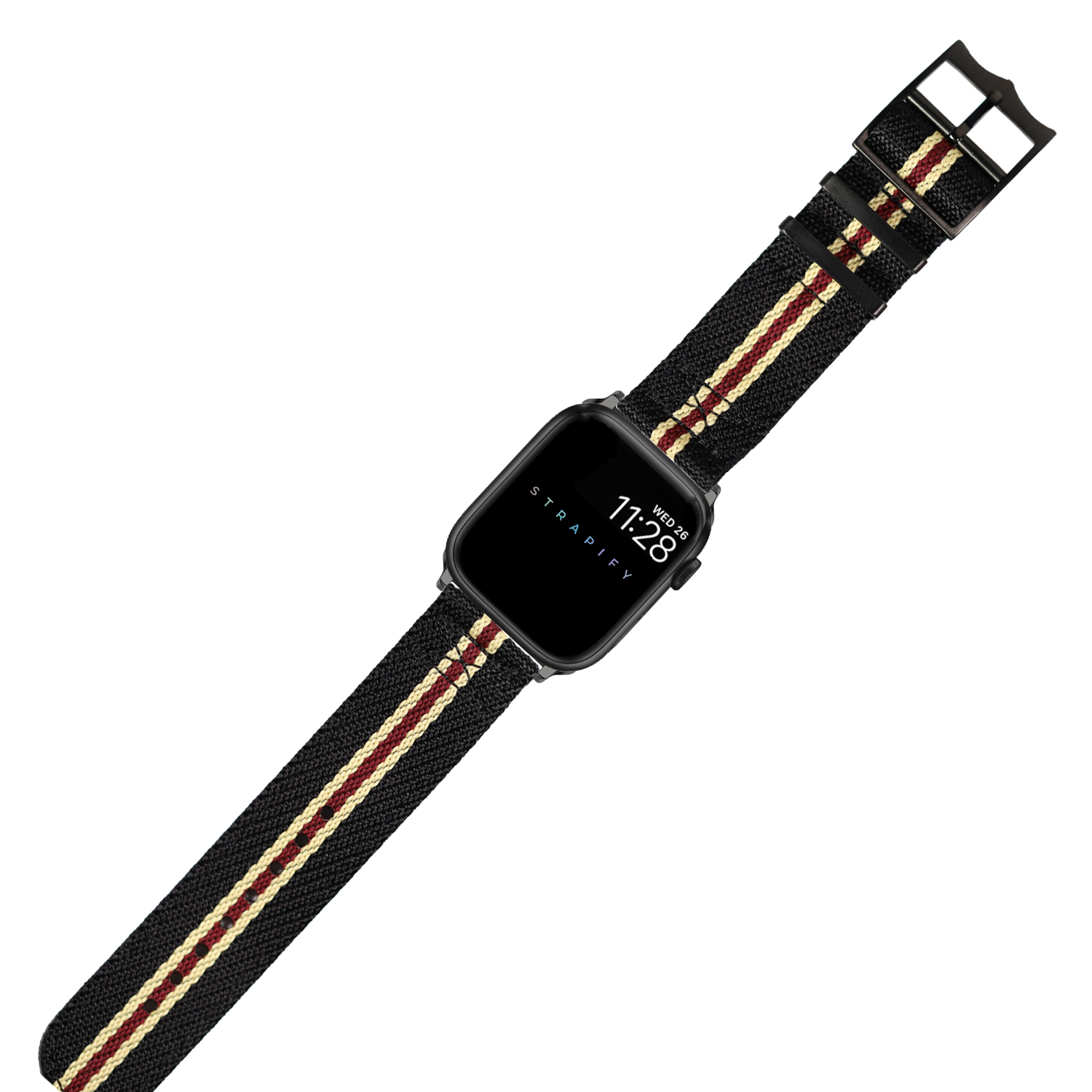 Black smartwatch with striped fabric band in beige and maroon stripes, black square case, displaying time 11:28