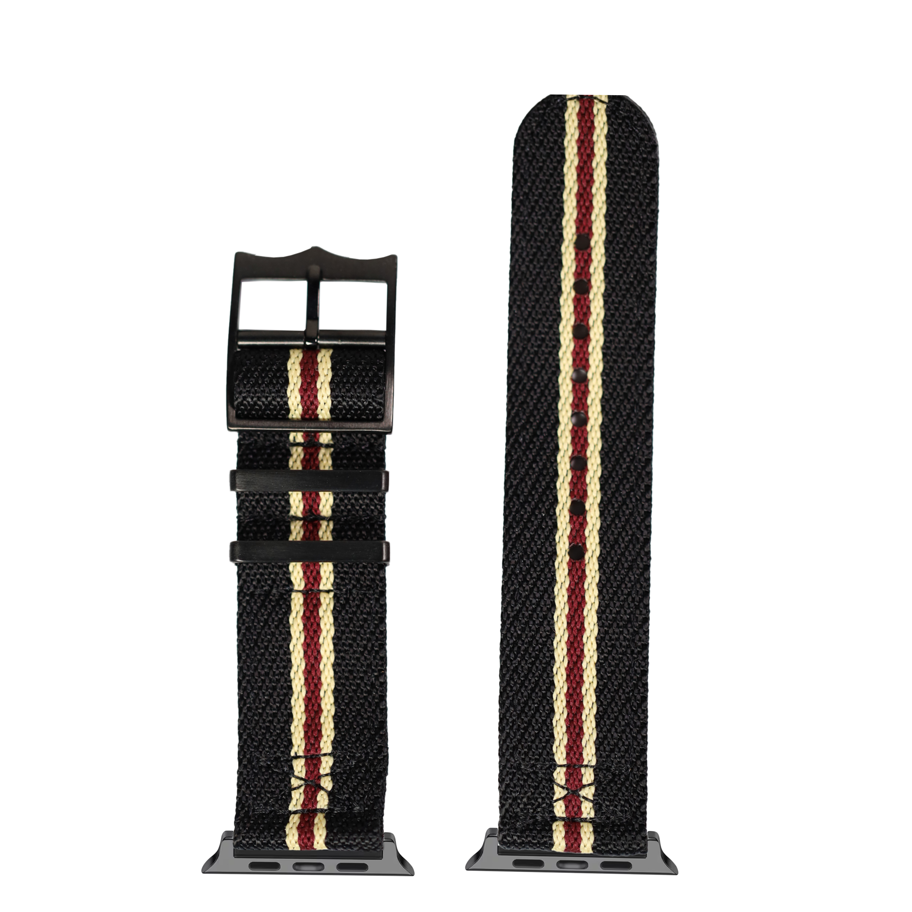 Black woven Apple Watch band with cream and maroon stripes, shown folded and extended with black hardware connector