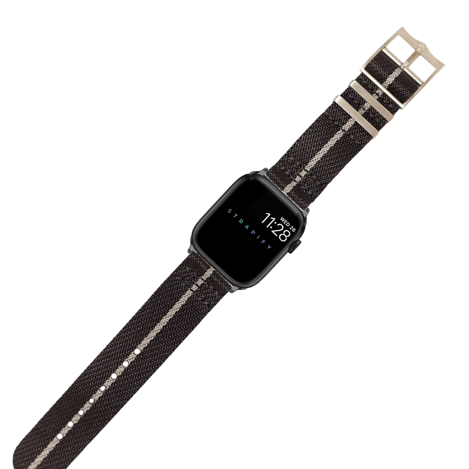 Black and grey woven fabric smartwatch band with silver buckle and metal keepers for Apple Watch