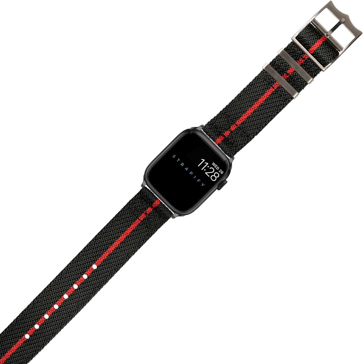 Black smartwatch with red striped nylon strap and metal buckle displaying time on digital screen