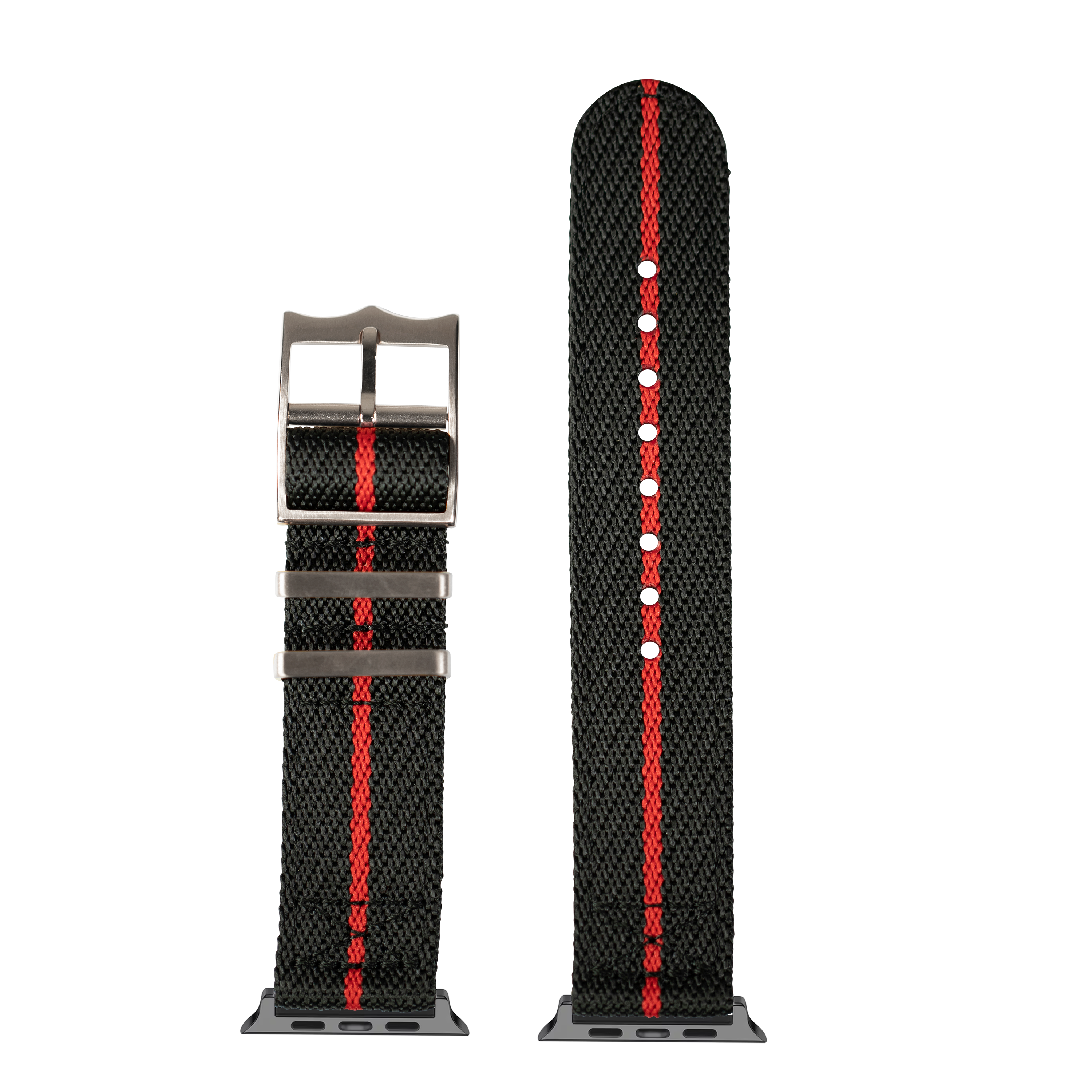 Black and red nylon fabric Apple Watch band with metal buckle, shown assembled and unassembled with white adjustment dots
