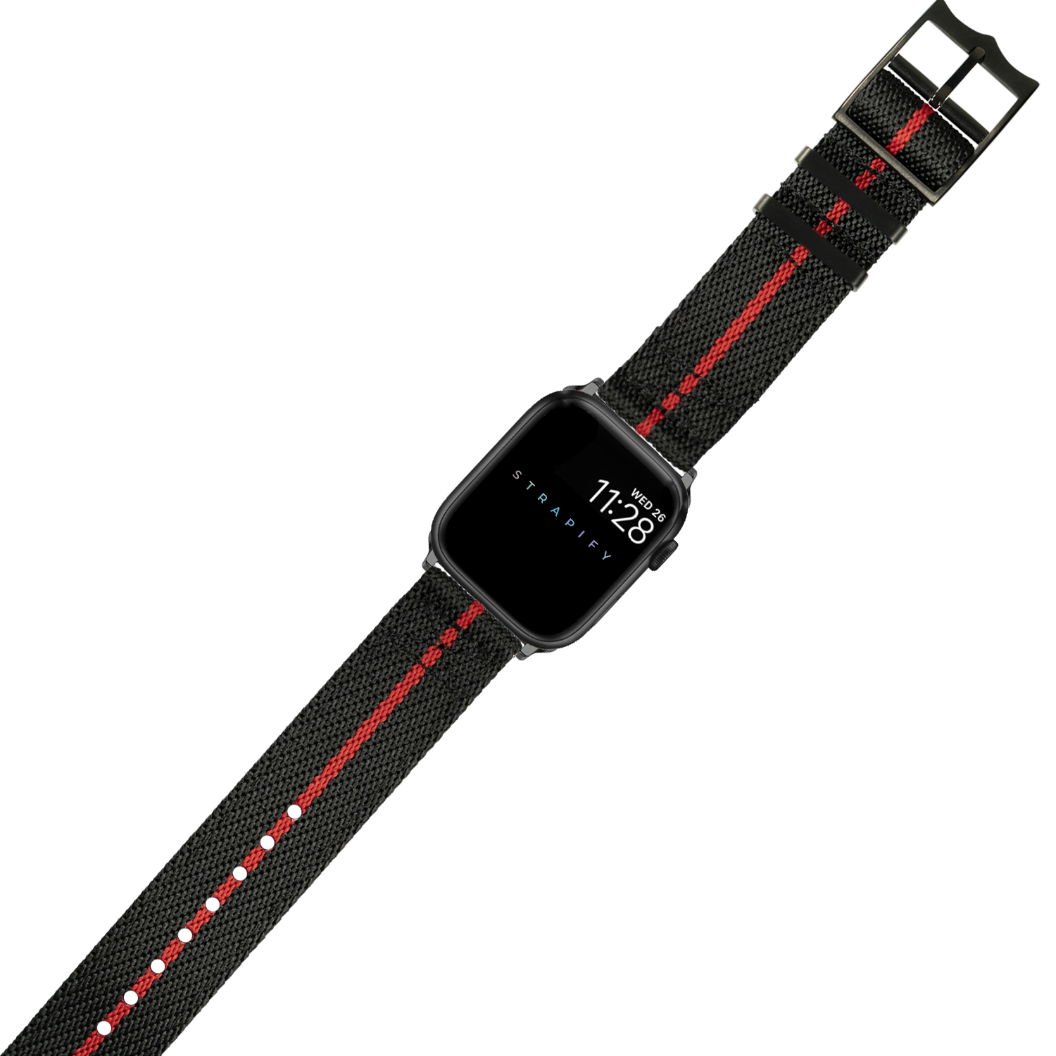 Black and red fabric smartwatch band with red stripe detail and black hardware buckle for Apple Watch
