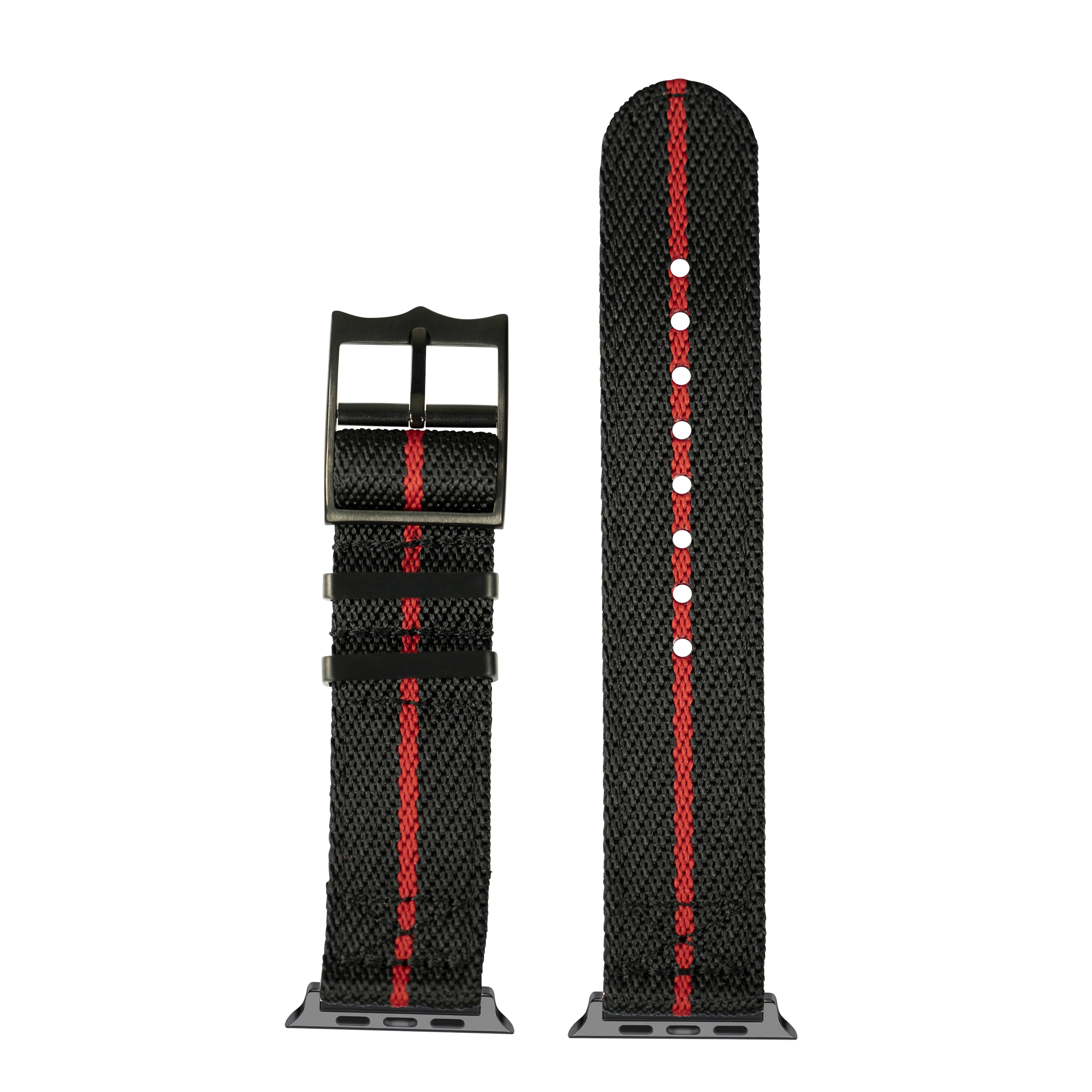 Black and red nylon woven Apple Watch band with red stripe, white stitching details, black hardware buckle, shown assembled and disassembled