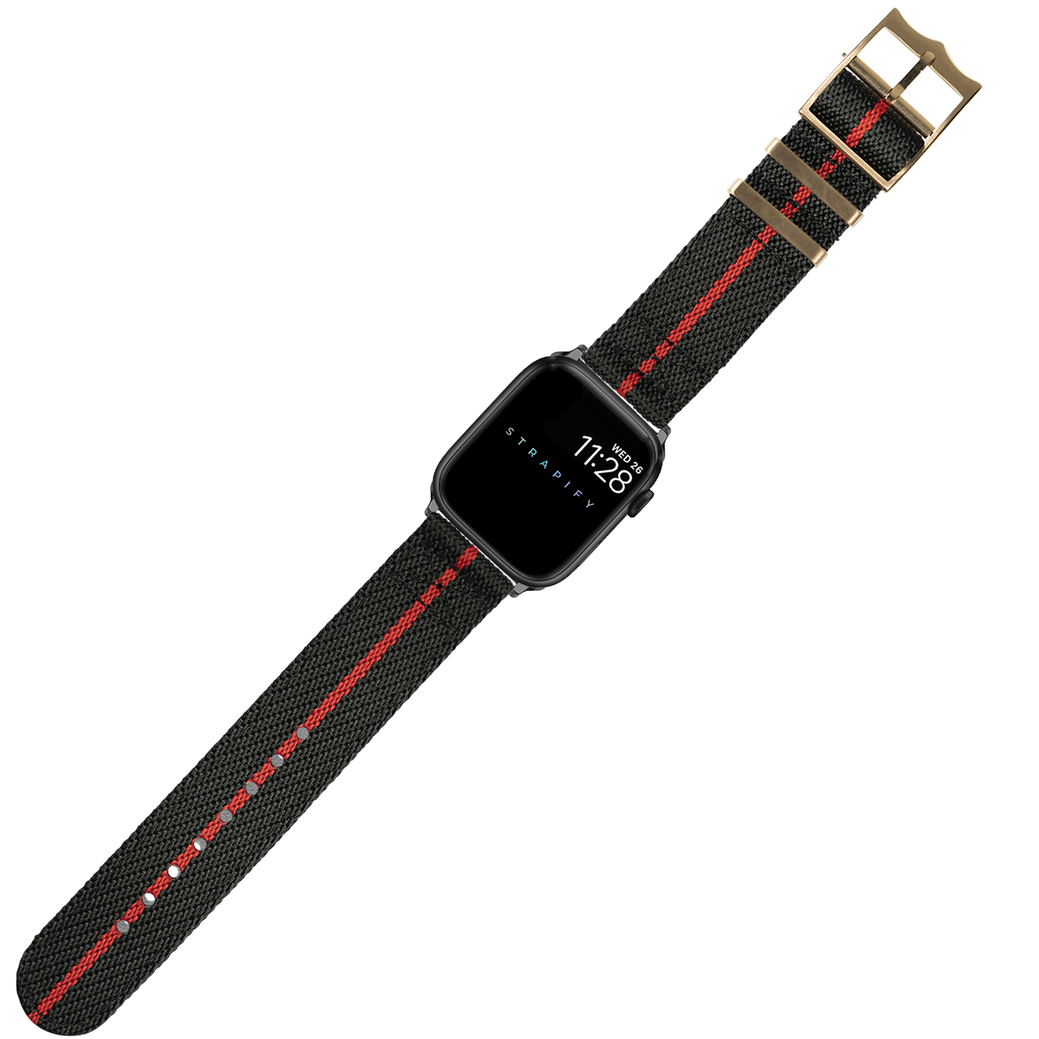 Black and red fabric smartwatch band with rose gold hardware and buckle for Apple Watch