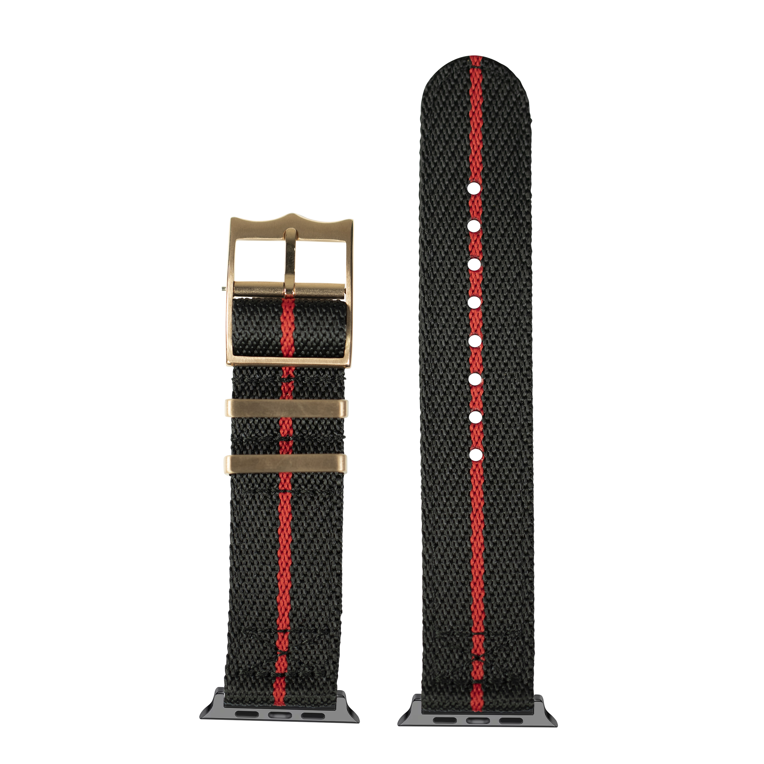 Black and red woven textile Apple Watch band with rose gold hardware and white stitching detail