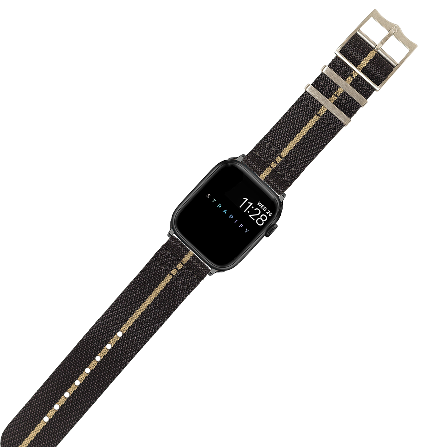 Black fabric smartwatch band with gold stitching, stainless steel buckle, displayed on black square smartwatch face showing time