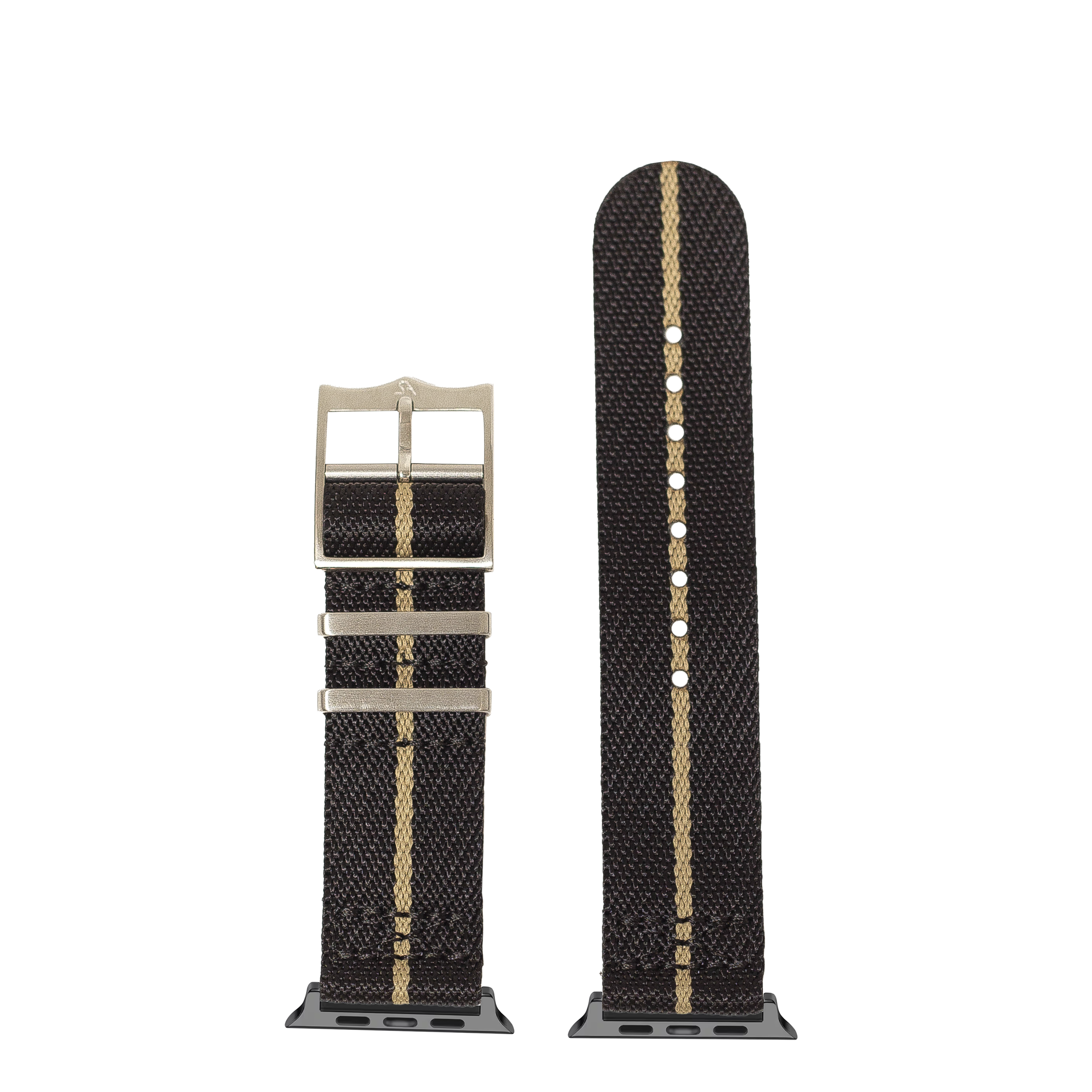 Black and tan fabric Apple Watch band with military-style strap design, pearl accents, and brushed metal buckle hardware