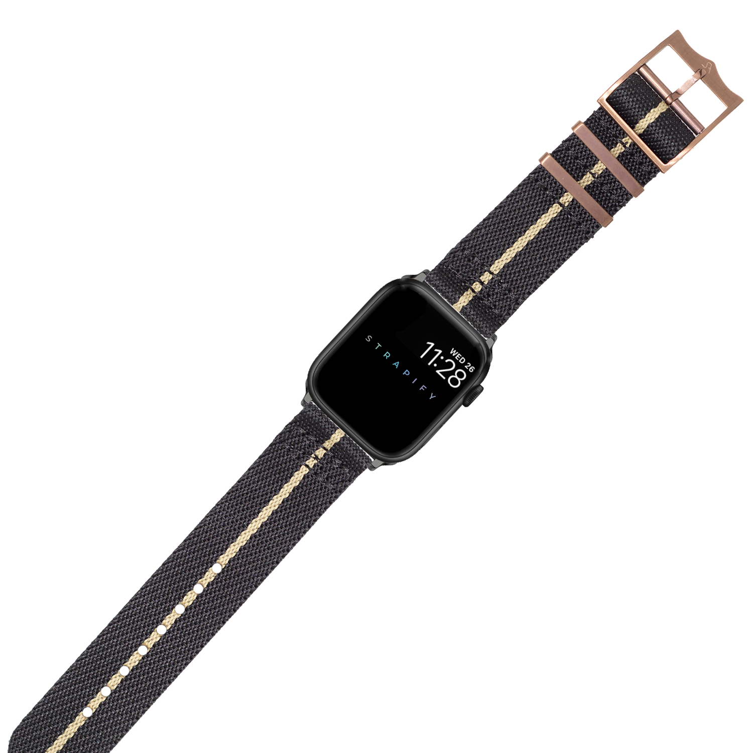 Black and wheat canvas Apple Watch band with rose gold hardware and striped military-style design