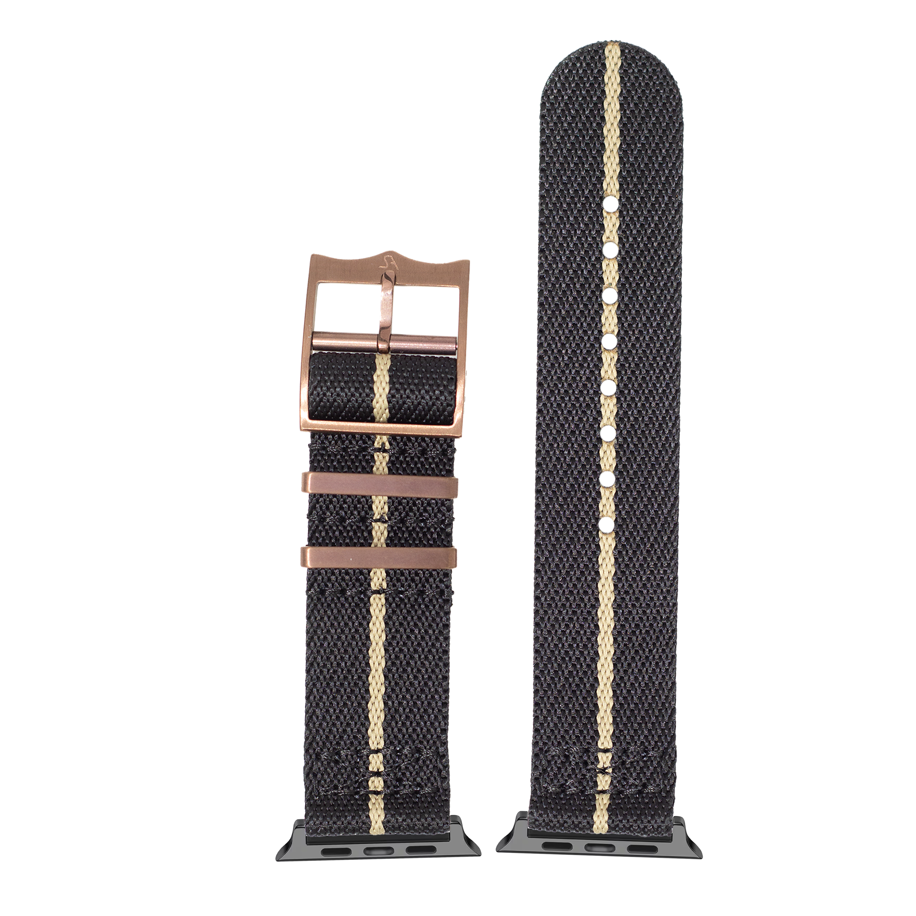 Black Militex watch band with wheat stripe and bronze hardware, shown buckled and unbuckled for Apple Watch