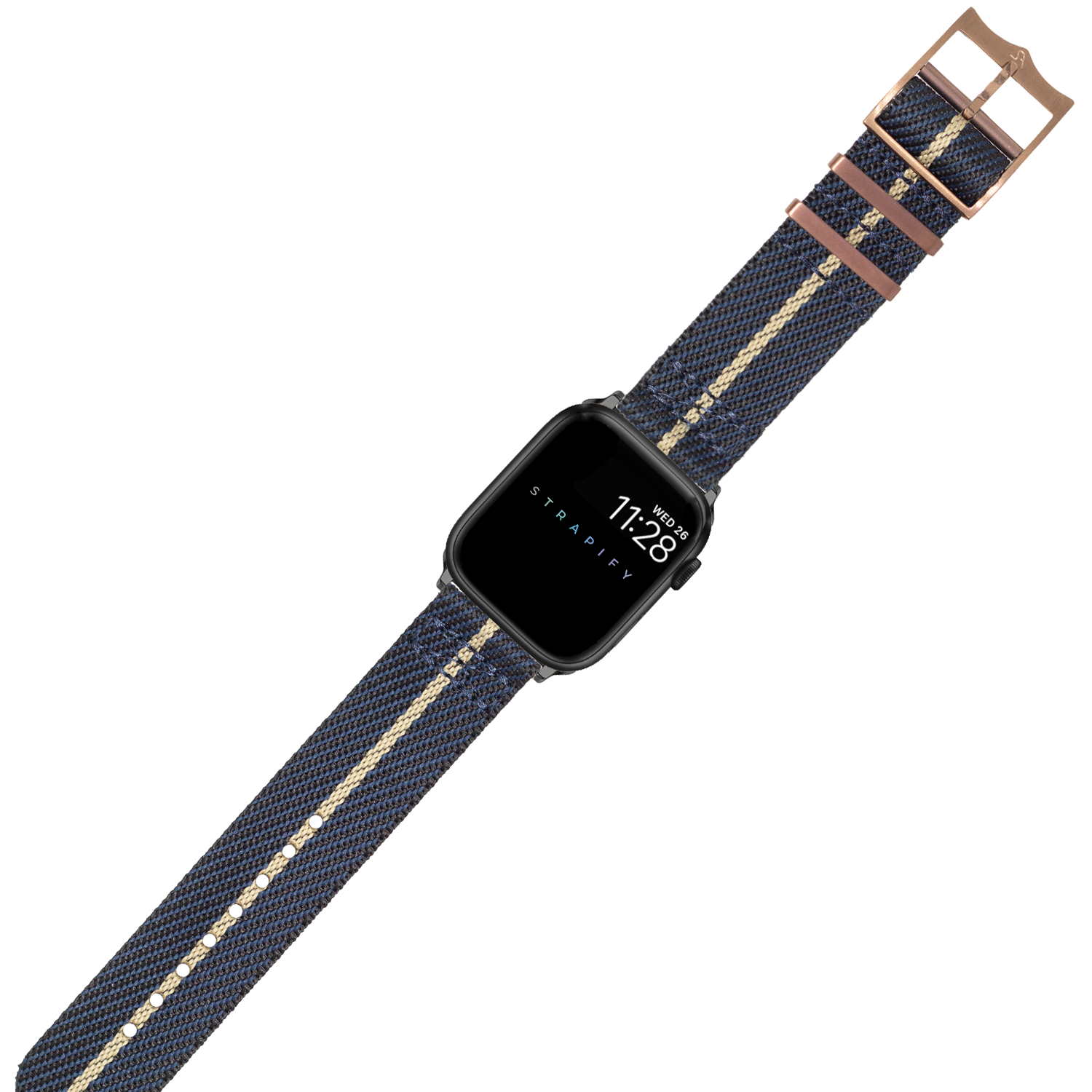 Blue and wheat woven canvas smartwatch band with bronze hardware and tan leather keepers for Apple Watch