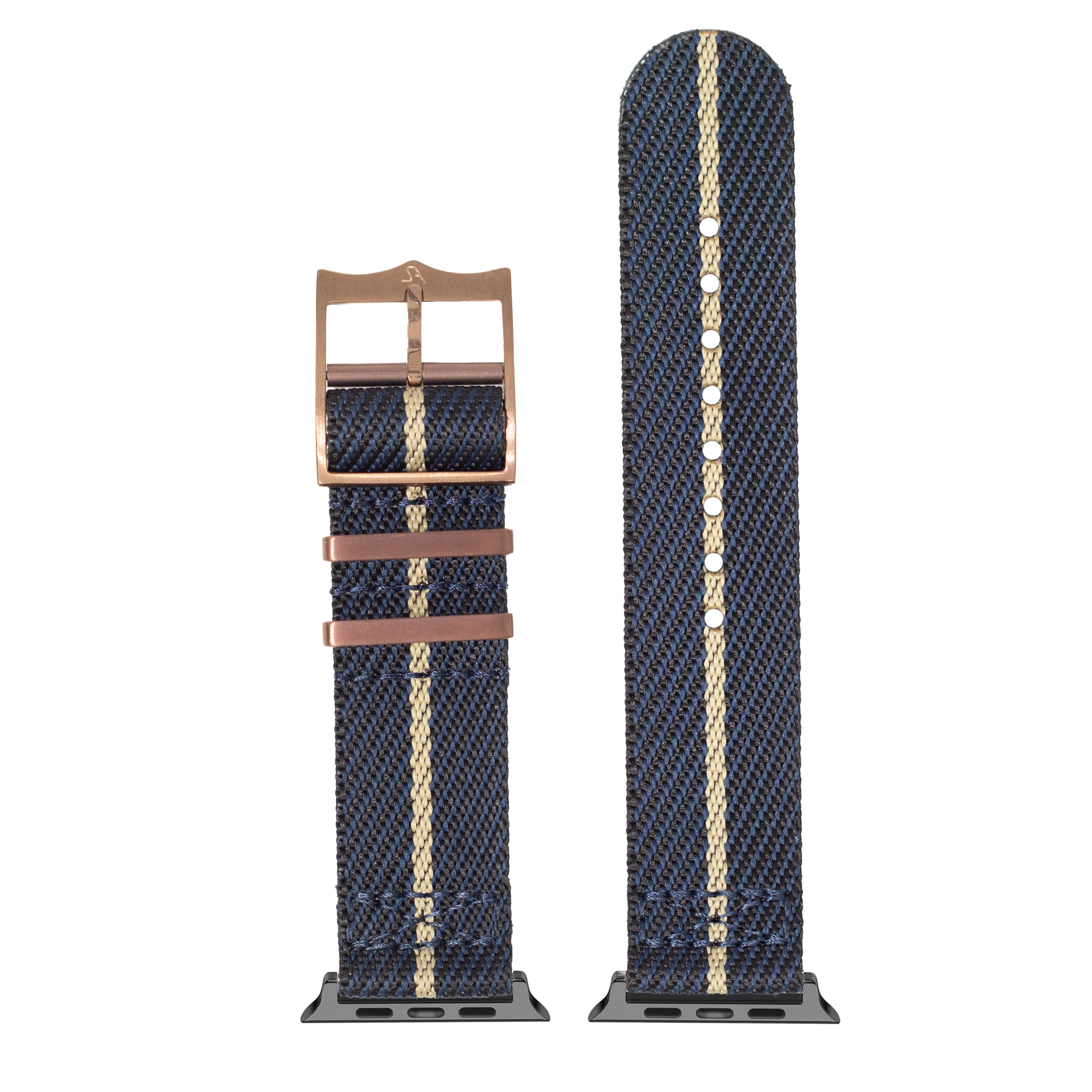 Blue and wheat striped canvas Apple Watch band with bronze buckle and hardware, shown attached and unattached to watch case