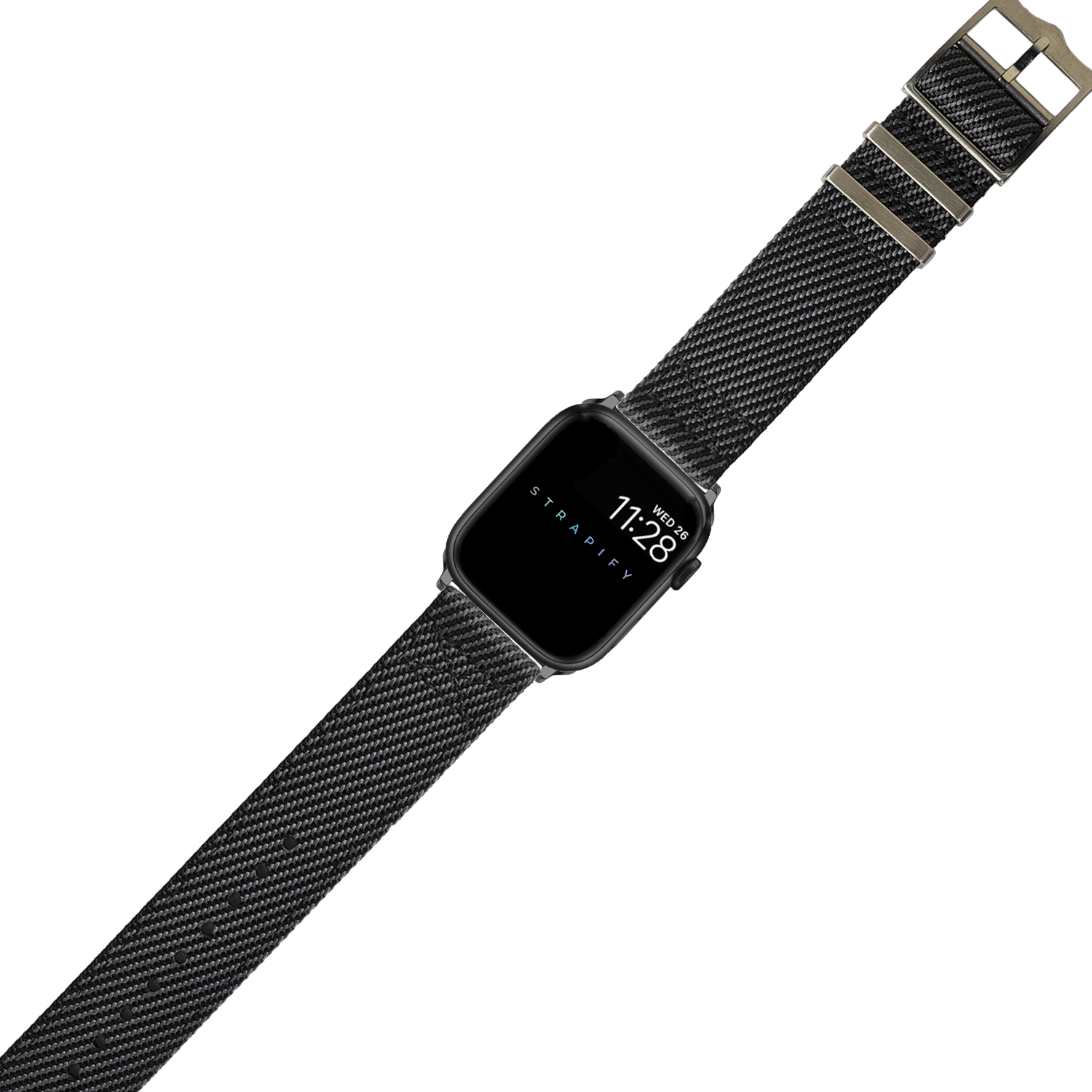 Black smartwatch with square display showing time and date, dark woven fabric band with metal buckle, military-style design