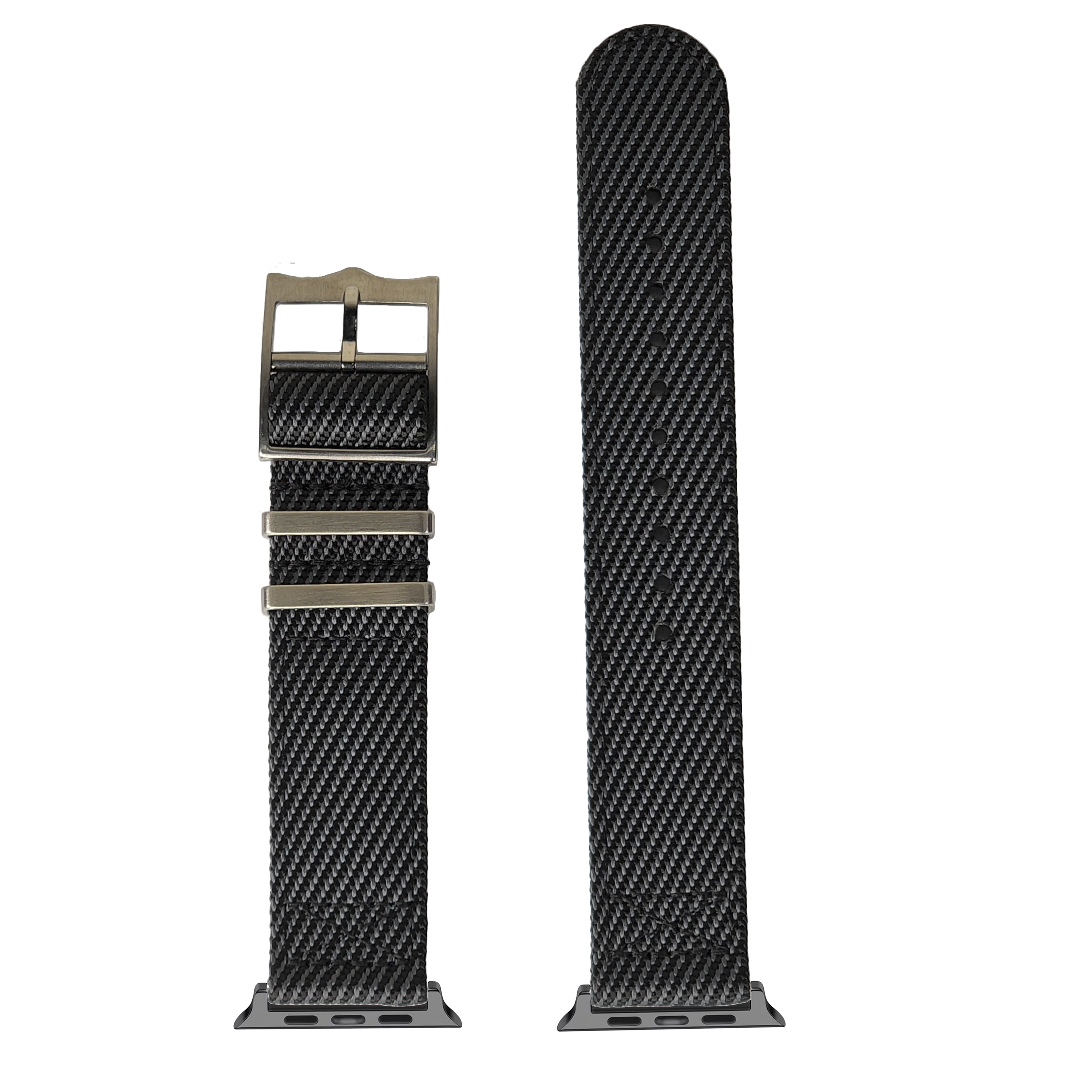 Black carbon fiber smartwatch band with gunmetal buckle and connector adapters for Apple Watch, displayed fully assembled and unfolded