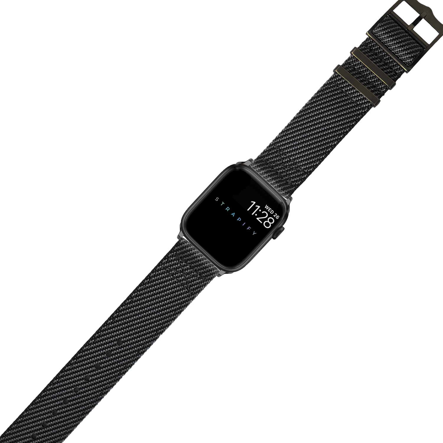 Black stainless steel smartwatch with dark grey woven fabric band and square face displaying time