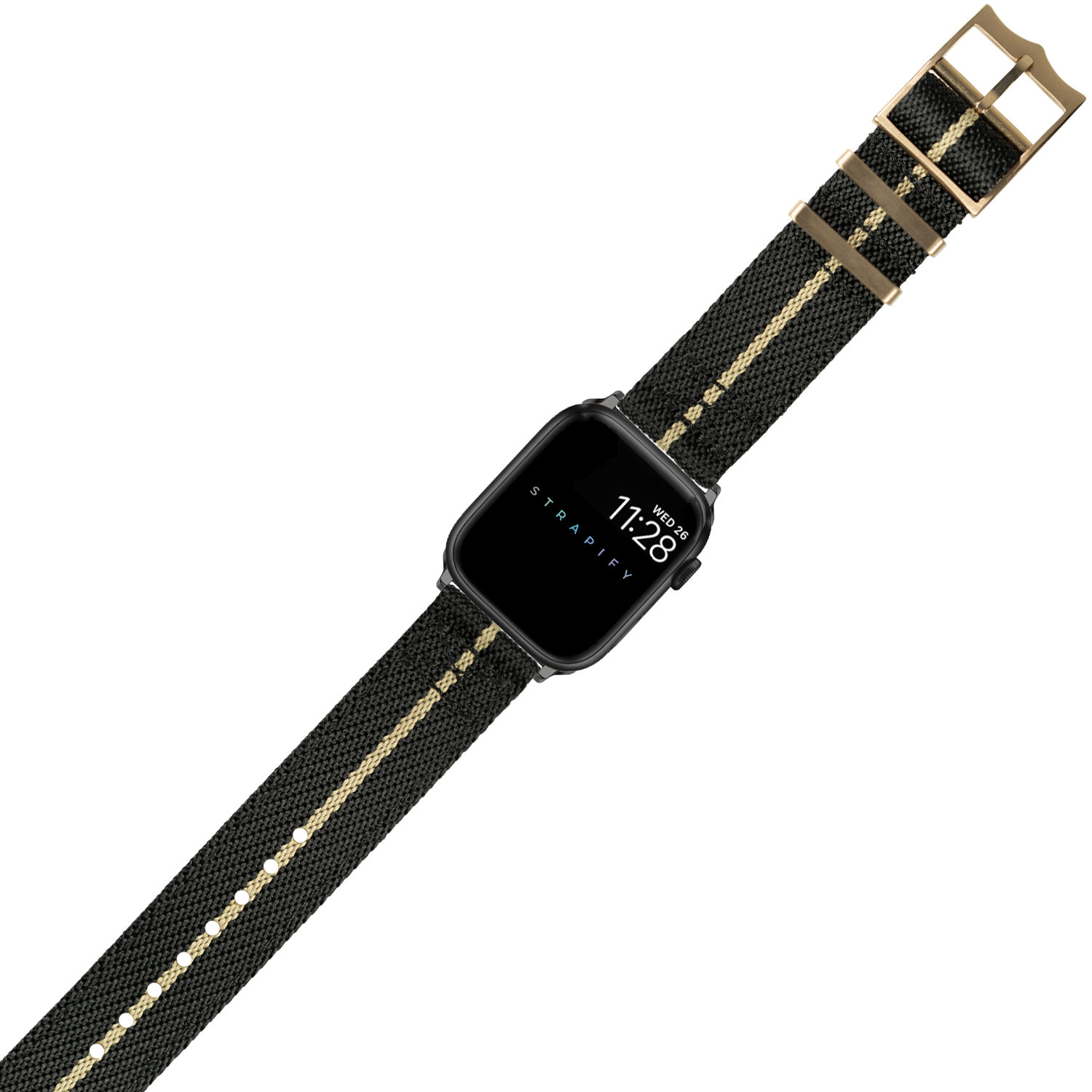 Black and wheat fabric Apple Watch band with rose gold hardware and buckle on smartwatch display