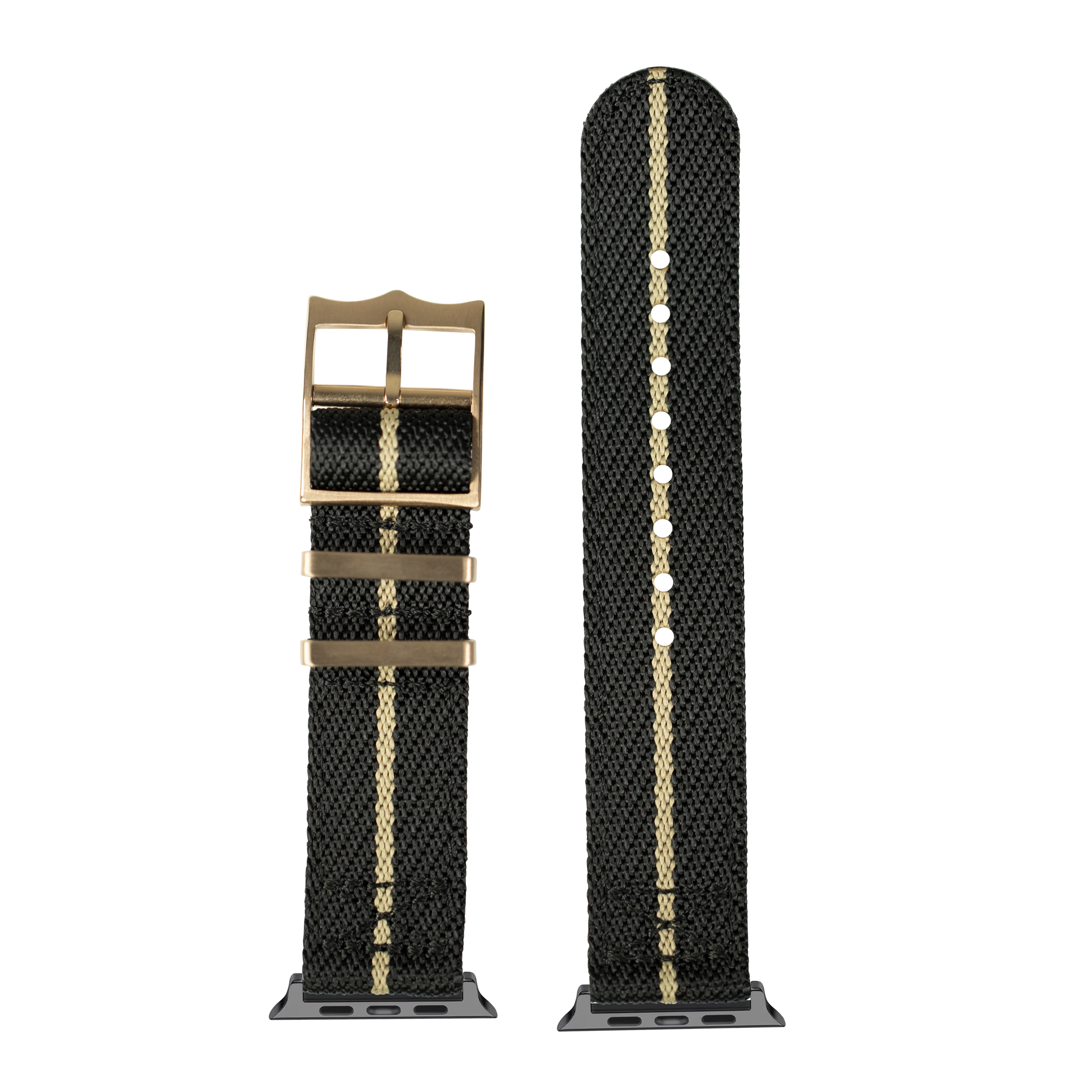 Black canvas Apple Watch band with wheat stripe and rose gold buckle hardware, shown assembled and unassembled