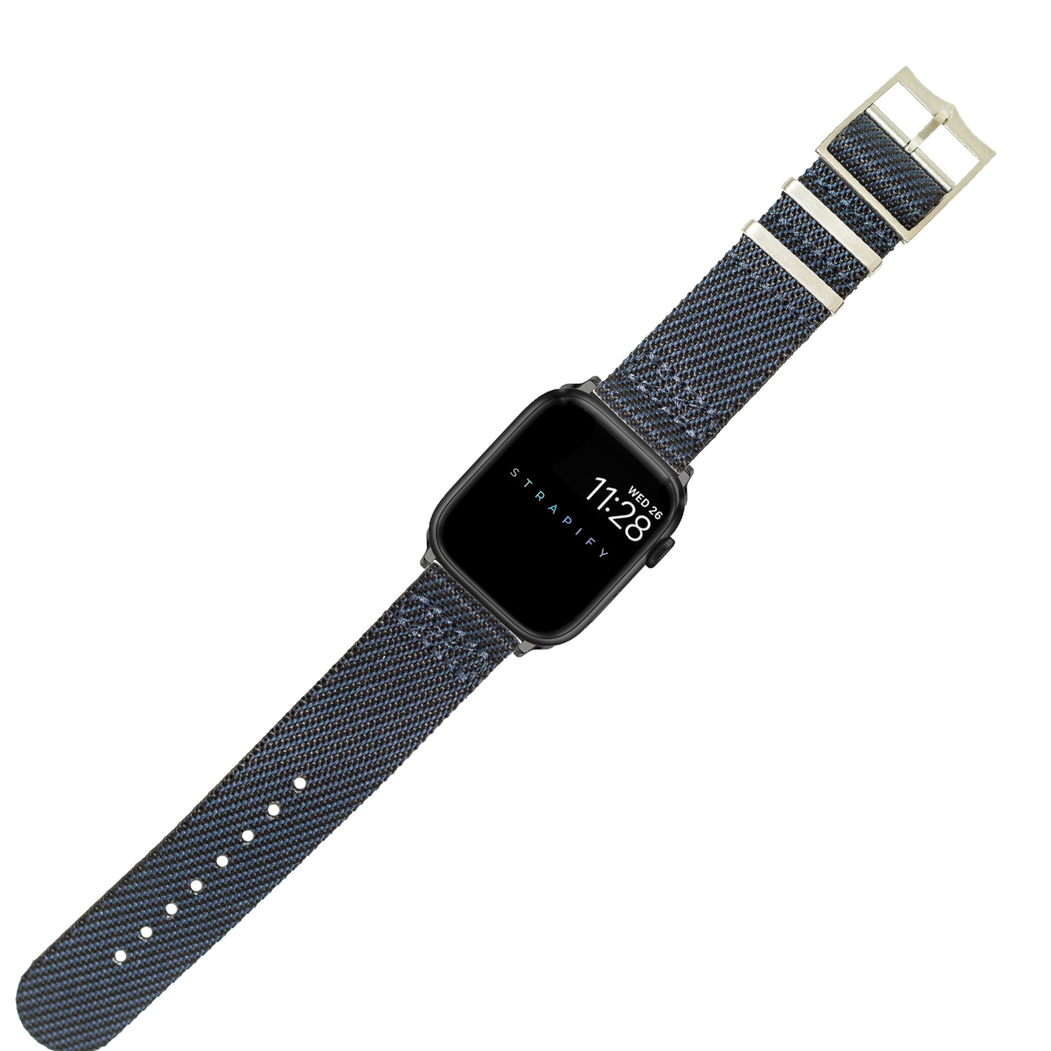 Black smartwatch with blue woven nylon Strap ify band and silver buckle, displaying time on screen